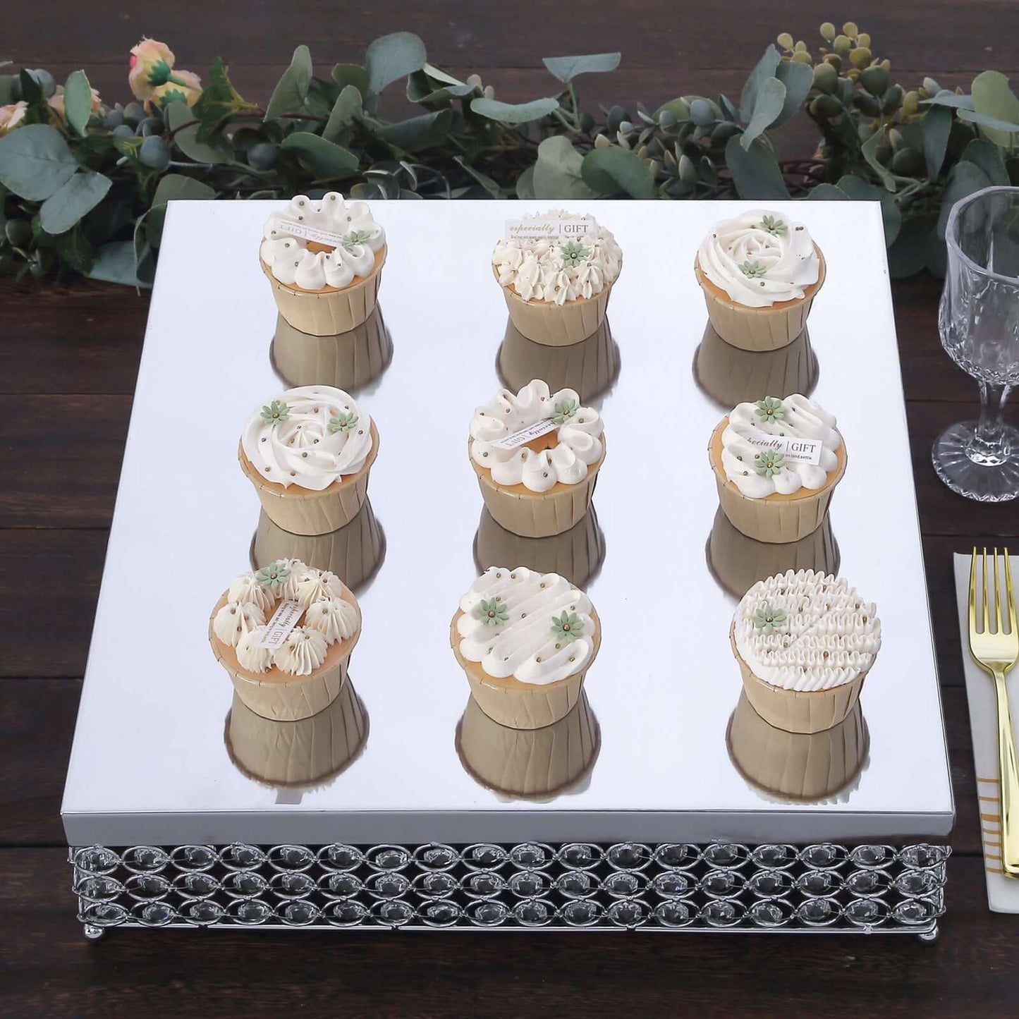 Metal Cake Stand Square Design with Crystal Beads Silver - Dessert Pedestal for Events 16"