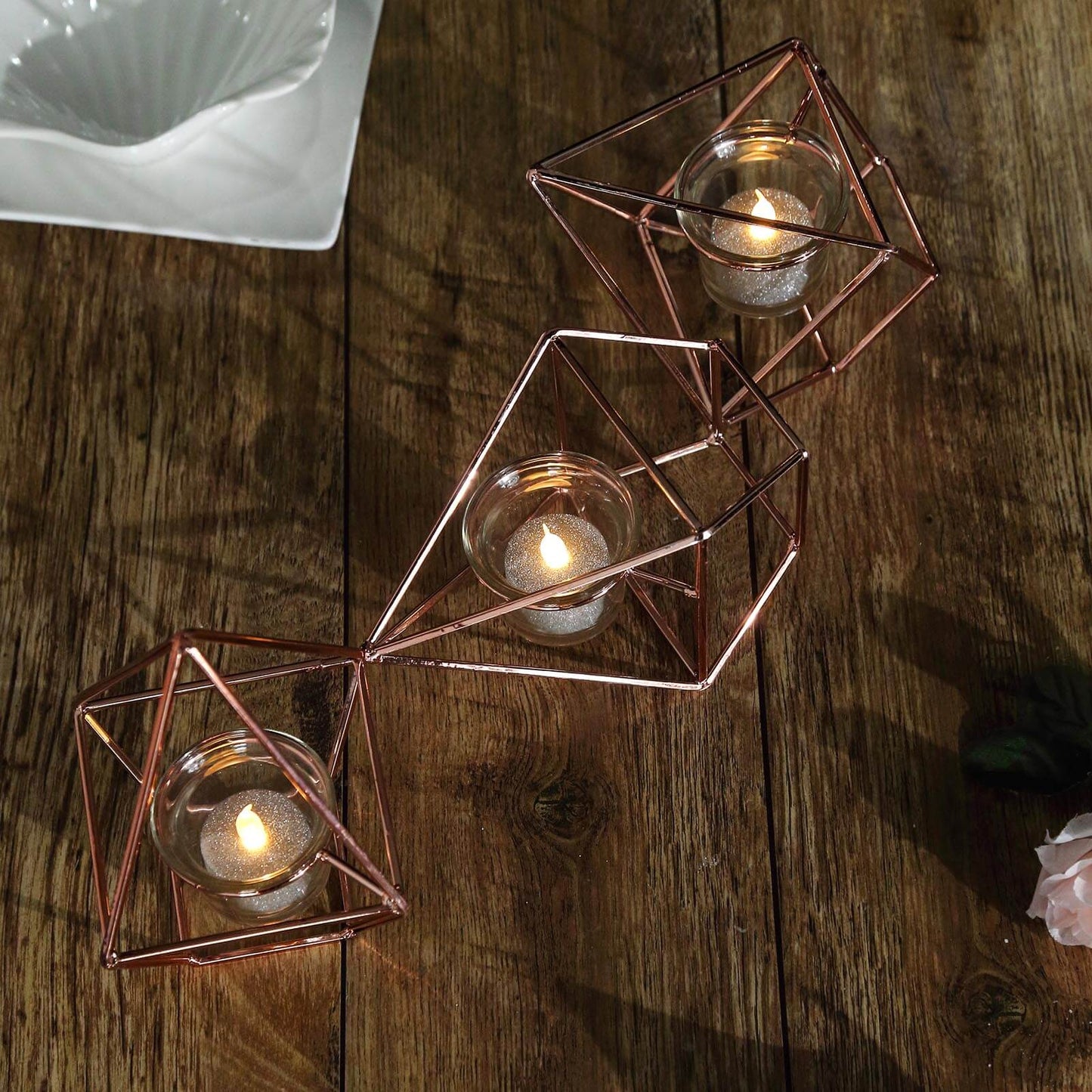 Set of Metal Candle Holders Linked Geometric Design Rose Gold - Modern Votive Glass Decor for Tables & Gatherings 16"