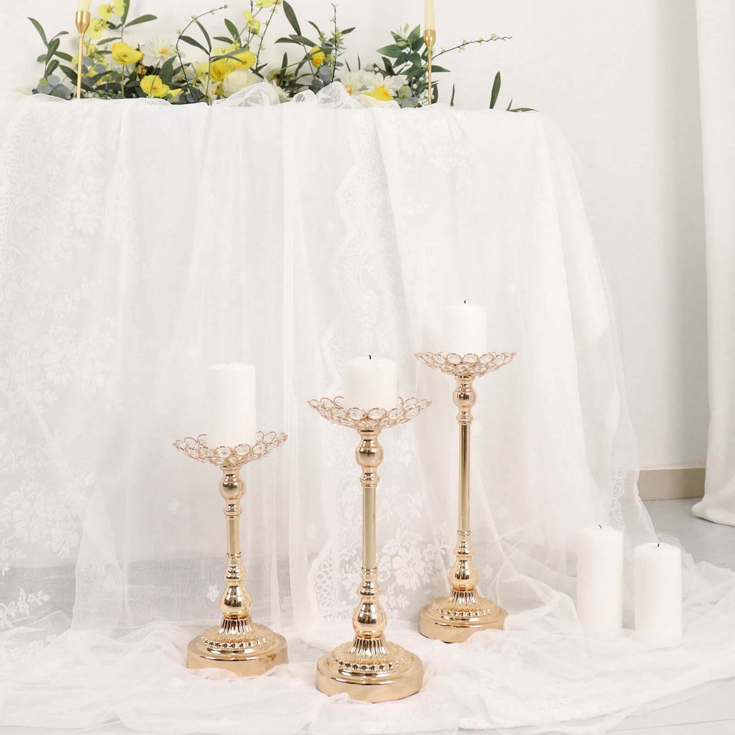 Set of 3 Metal Votive Candle Holders Crystal Beaded Design Gold - Tea Light Centerpieces 11", 13", 15"
