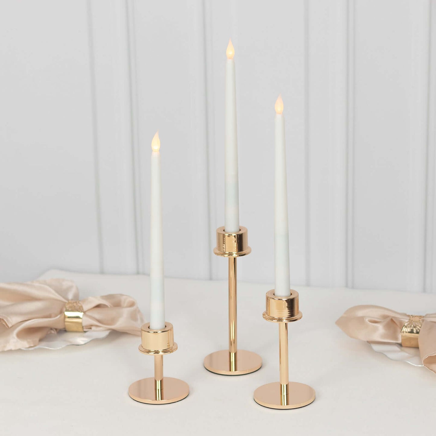 Set of 3 Metal Taper Candlestick Holders Gold with Round Base - Hurricane Candle Stands 3.5", 5.5", 8"
