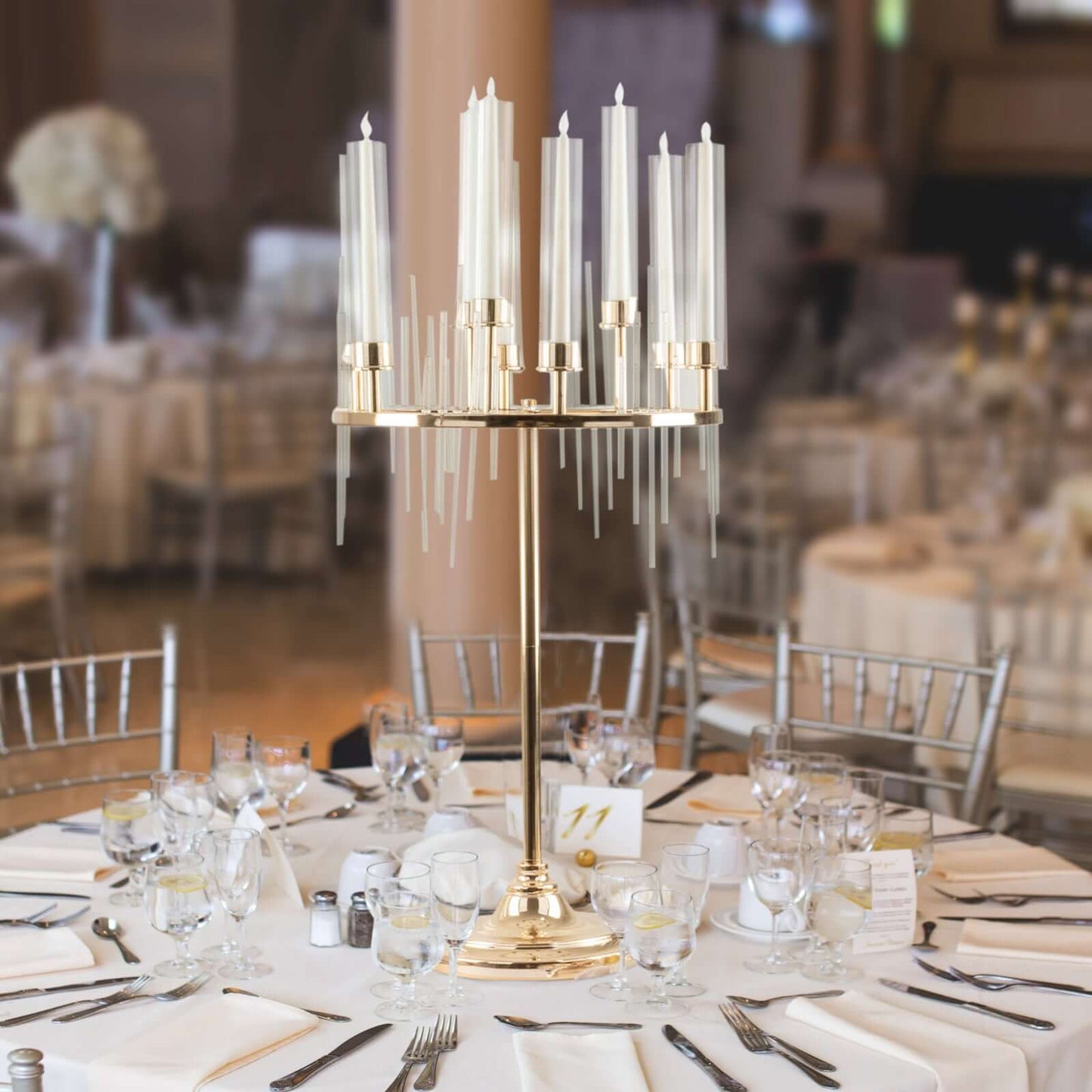 Metal 9-Arm Round Cluster Taper Candelabra Table Centerpiece Gold - Candlestick Holder Table Centerpiece With Drip Accents and Clear Glass Shades 40"