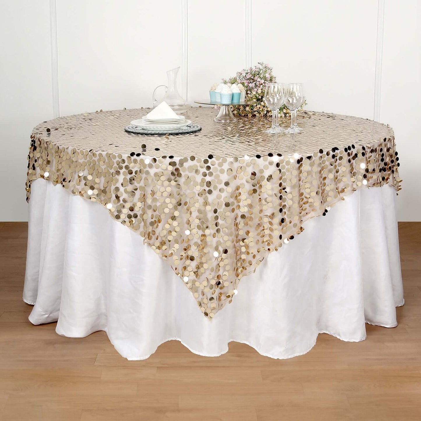 Sequin 72"x72" Table Overlay Square Tablecloth Champagne - Big Payette Table Cover
