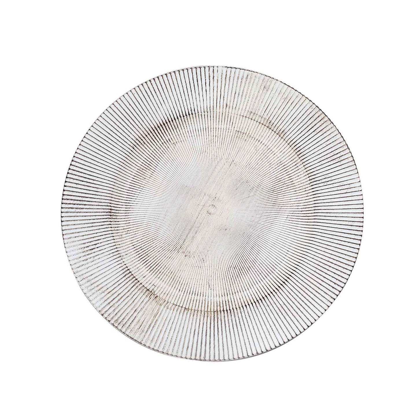 6-Pack Faux Wood Round Charger Plates 13" White Washed with Embossed Sunray Pattern, Chic Plastic Decorative Chargers