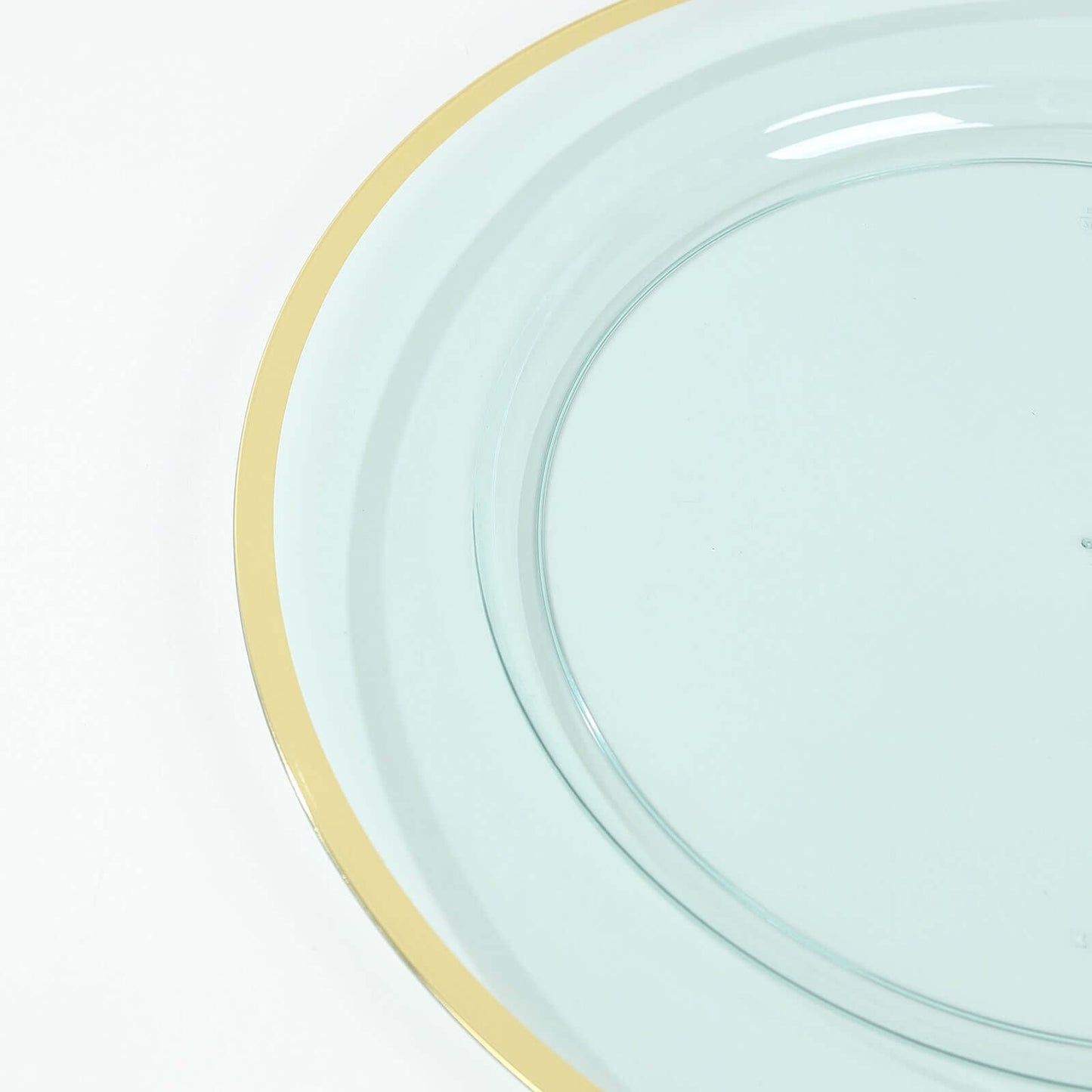 10-Pack Economy Plastic Round Charger Plates 12" in Transparent Blue with Wide Gold Rim, Decorative Dinner Party Serving Plates