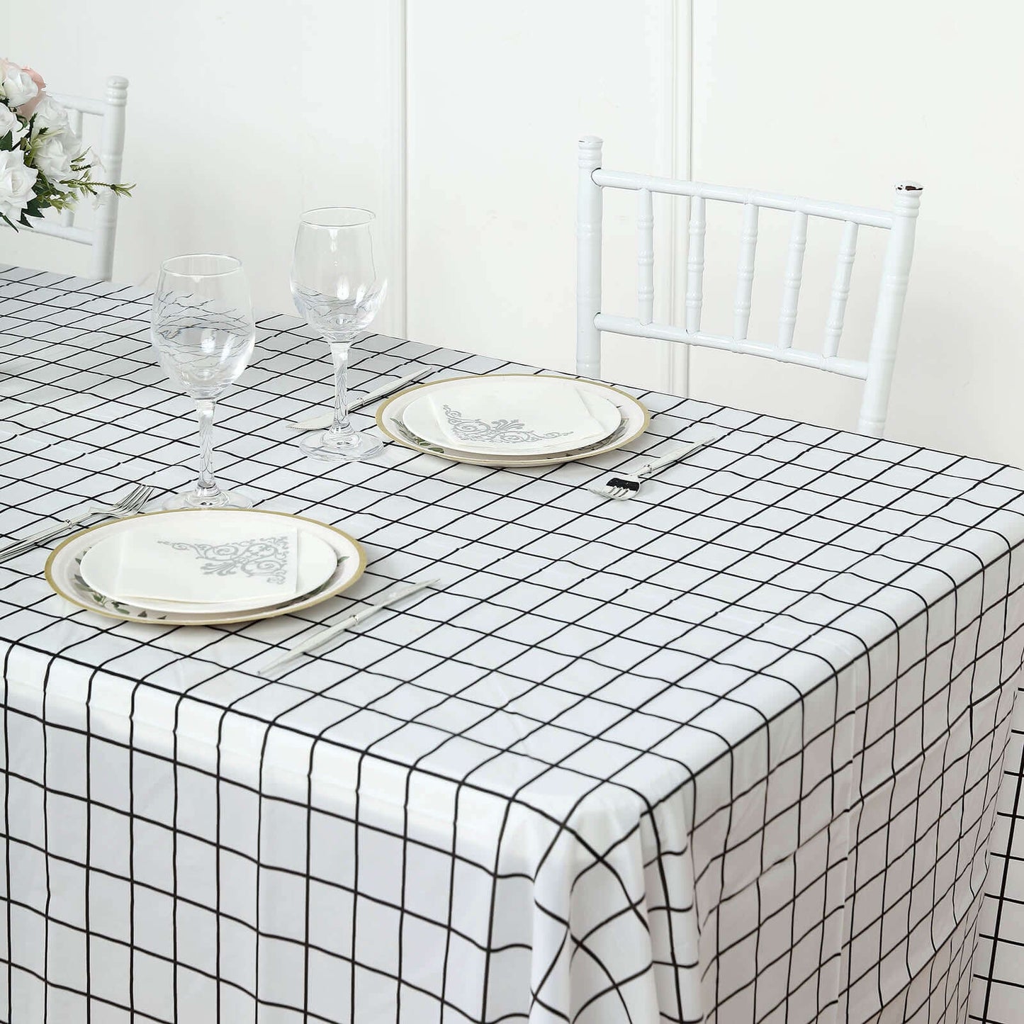 5-Pack Plastic Table Covers Black/White Grid Rectangle - Durable Checkered PVC Disposable Tablecloths 54"x108"