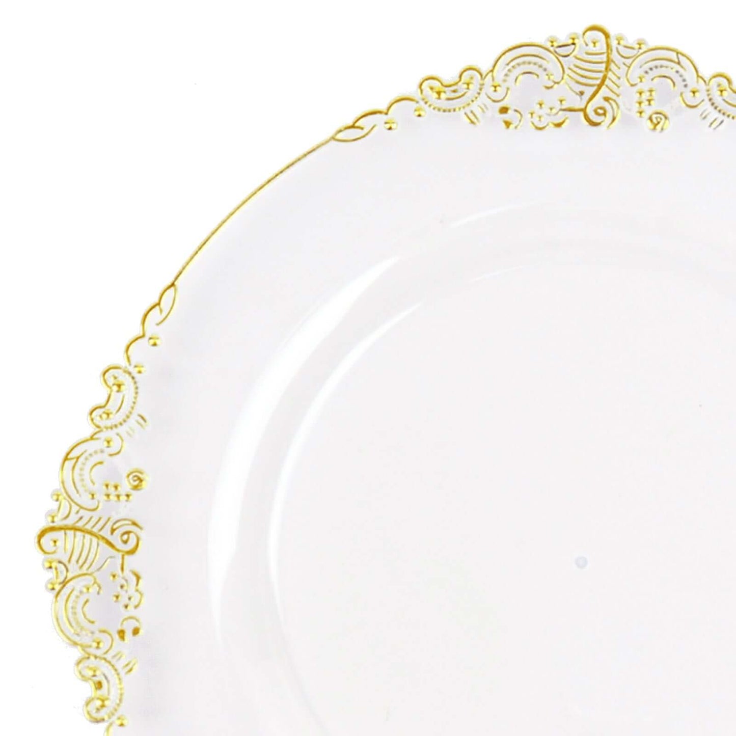 10-Pack Plastic 10" Round Dinner Plates in Clear with Gold Leaf Embossed Rim - Disposable Vintage Baroque Style Plates