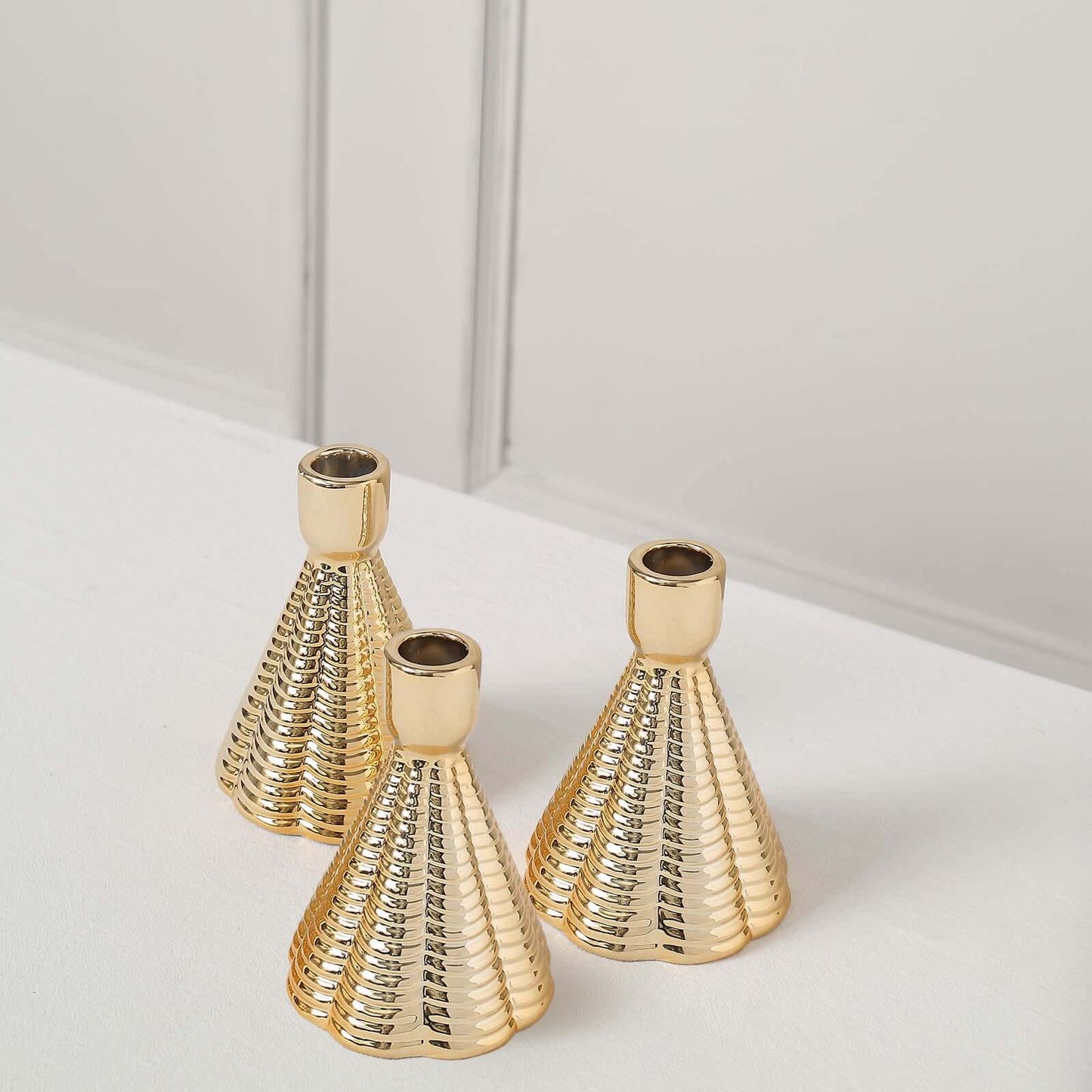3-Pack Ceramic Taper Candle Holders Ribbed Cone Shaped Design Metallic Gold - Candlestick Stands for Decor 5"
