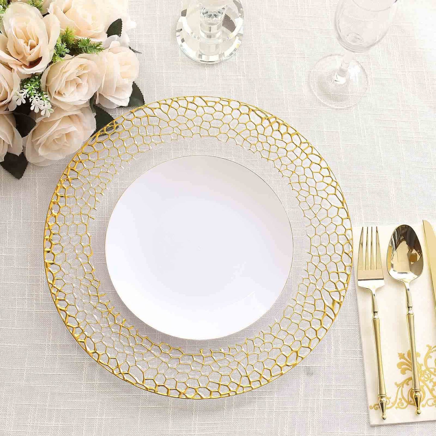 6-Pack Acrylic Round Charger Plates 13" in Clear with Gold Hammered Rim, Decorative Plastic Charger Tableware