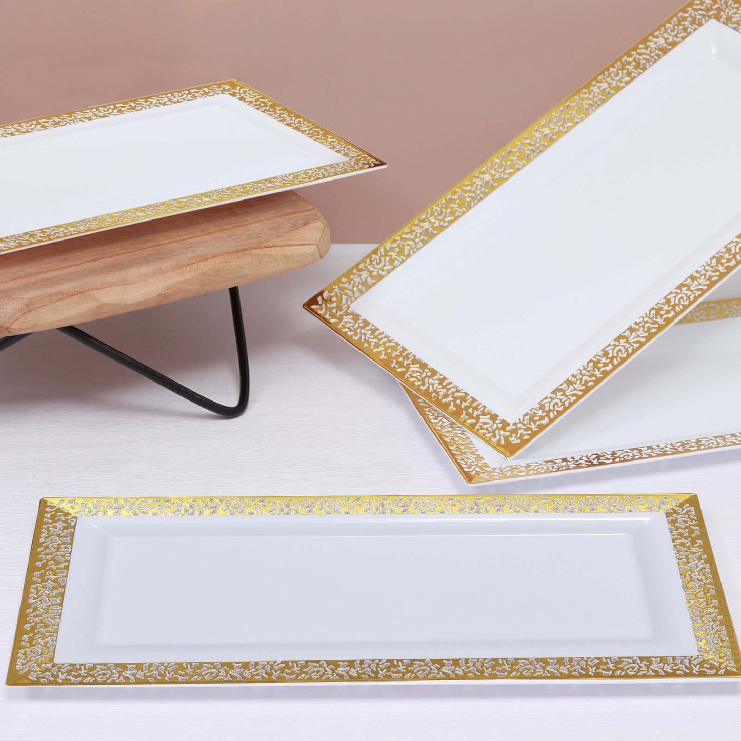 4-Pack Plastic 14" Rectangle Serving Trays White with Gold Lace Rim - Chic Decorative Table Tray Platters for Buffets Banquets Dinner Parties