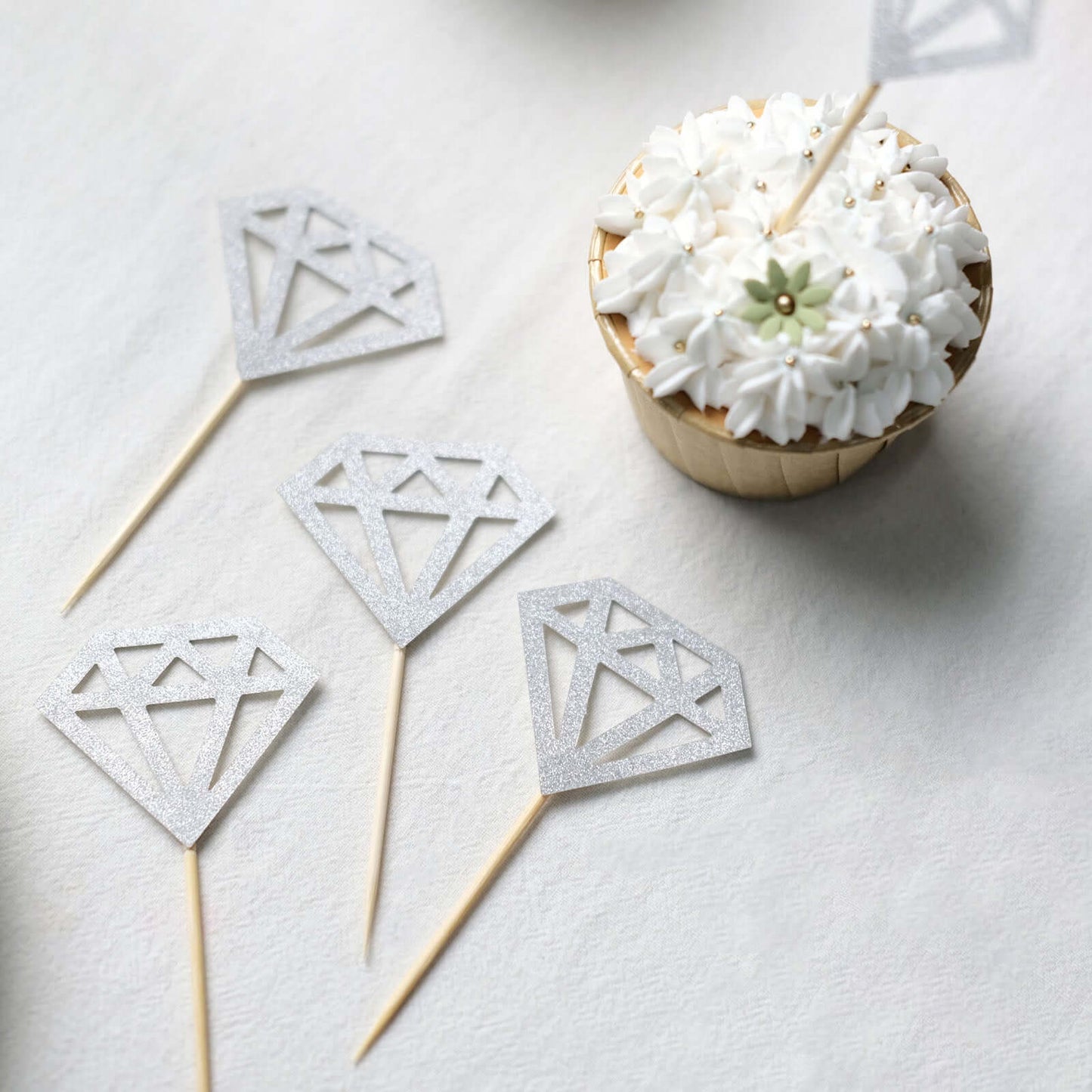 24-Pack Cupcake Toppers Diamond Ring Design Glitter Silver - Party Cake Picks Engagement Decoration Supplies