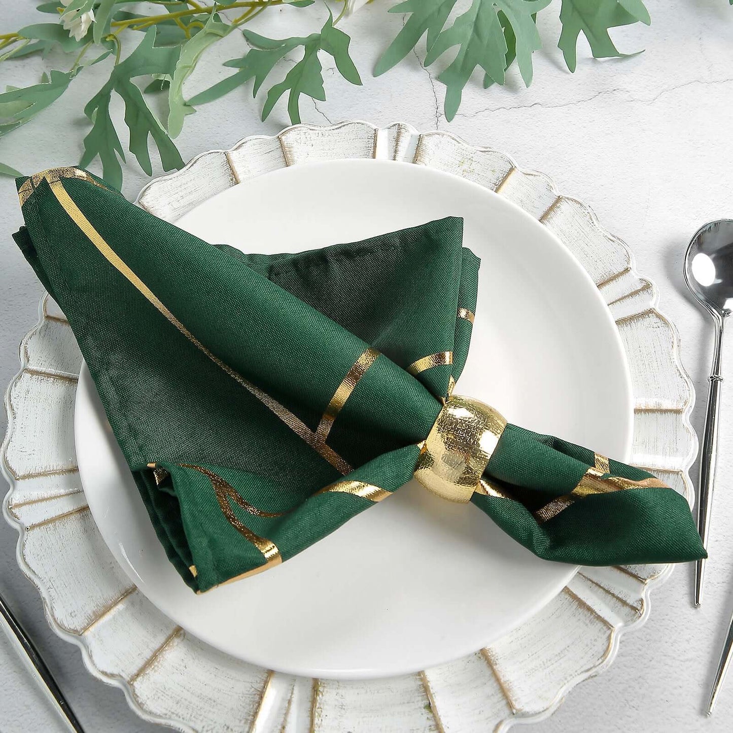 5 Pack Polyester 20"x20" Napkins Hunter Emerald Green with Gold Geometric Foil Pattern - Modern Reusable Dinner Napkins