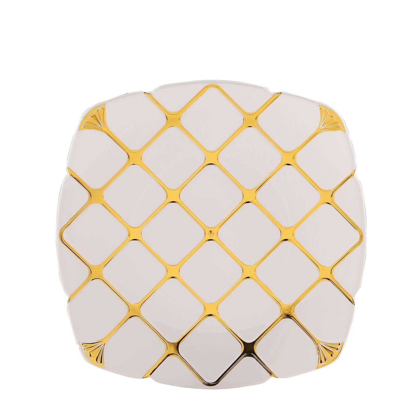 10-Pack Plastic 10" Square Dinner Plates in White with Gold Diamond Lattice Pattern - Disposable Party Plates for Weddings, Banquets & Special Events