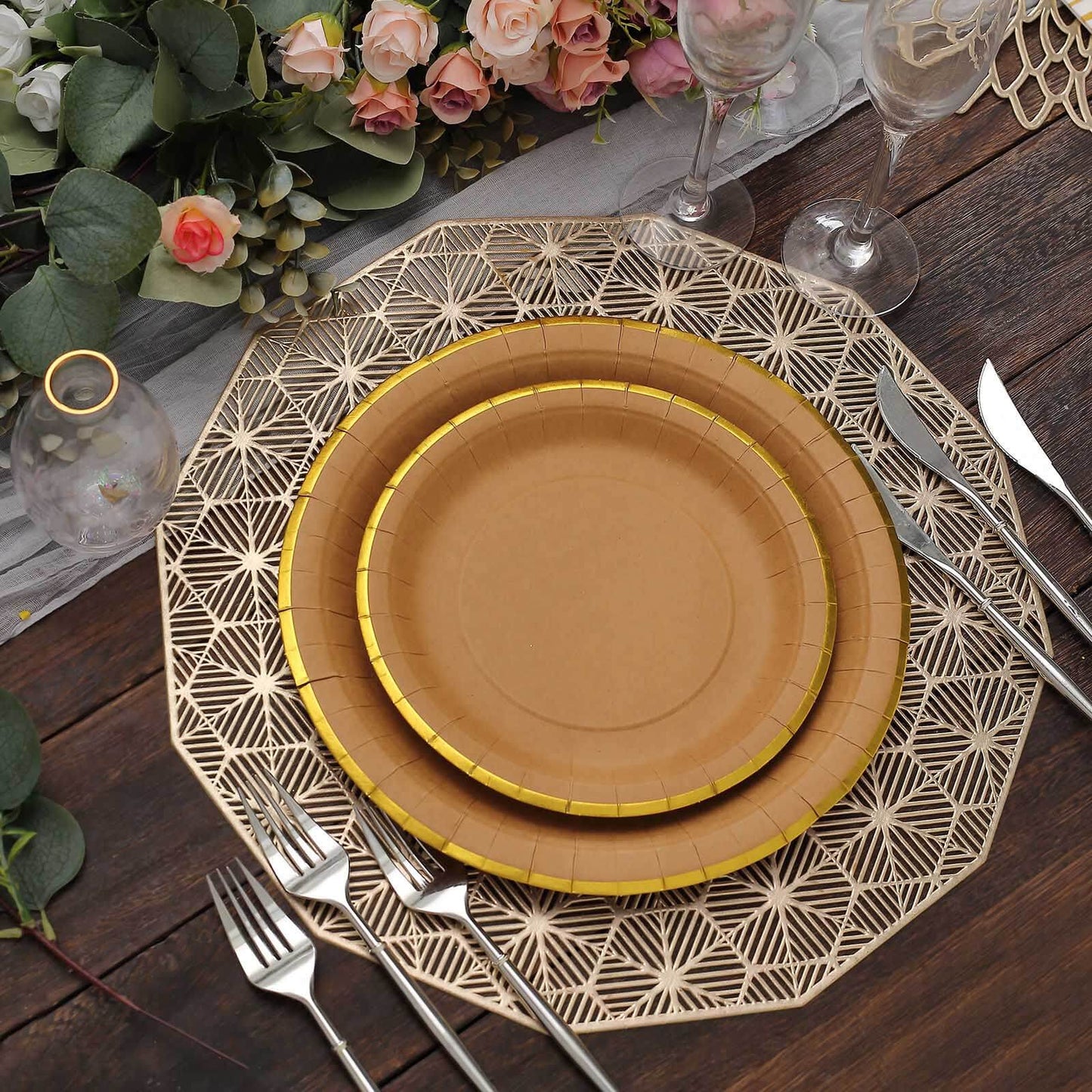 25-Pack Kraft Paper 8" Round Dessert Plates in Natural Brown with Gold Lined Rim - Disposable Salad Appetizer Plates for Rustic & Vintage Inspired Events