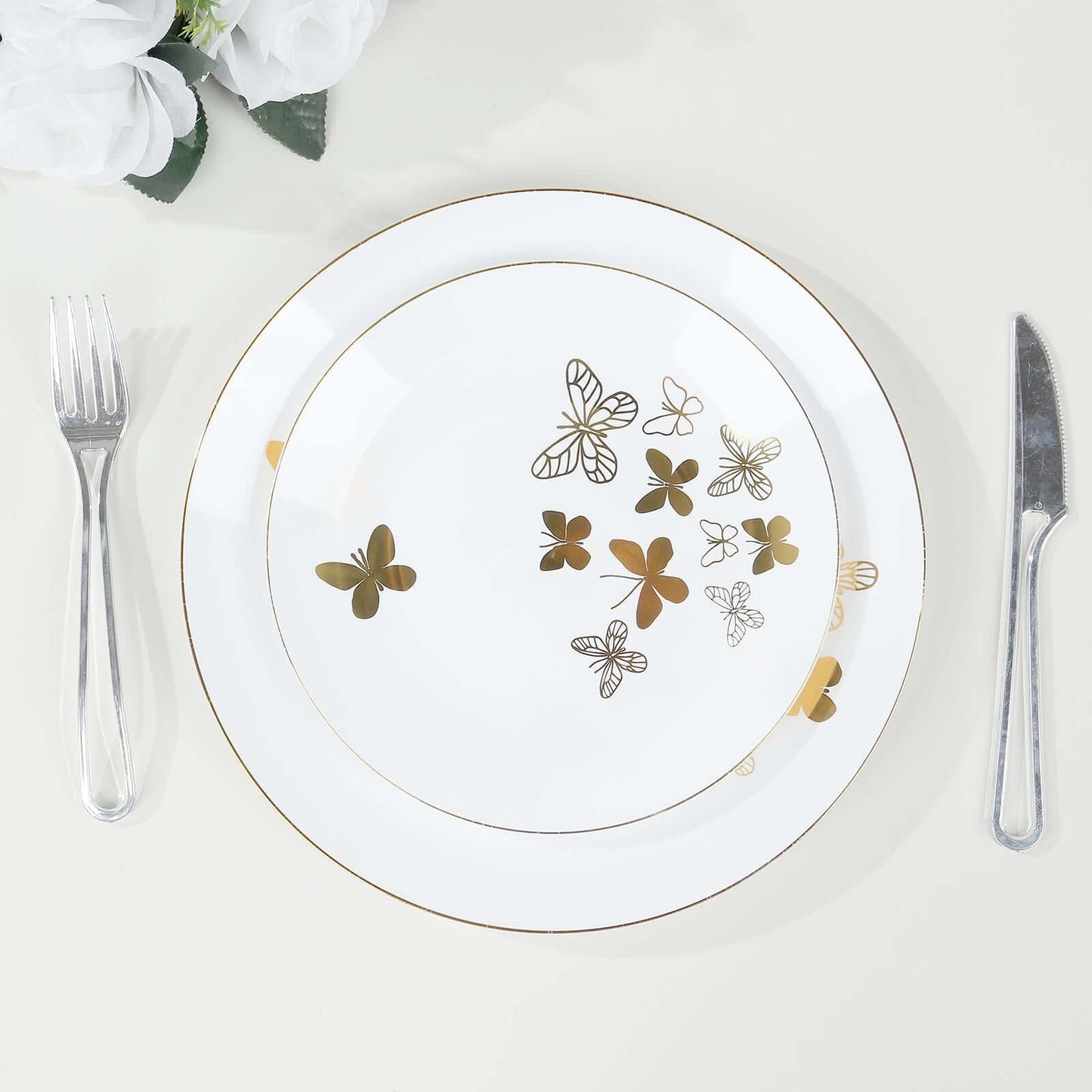 Set of 20 Plastic Round Dinner and Salad Plates in White with Gold Butterfly Design & Gold Rim - Stylish Disposable Dinnerware for Buffets & Catered Events 8", 10"