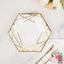 25-Pack Paper 9" Hexagon Dinner Plates in White with Gold Geometric Lines & Rim