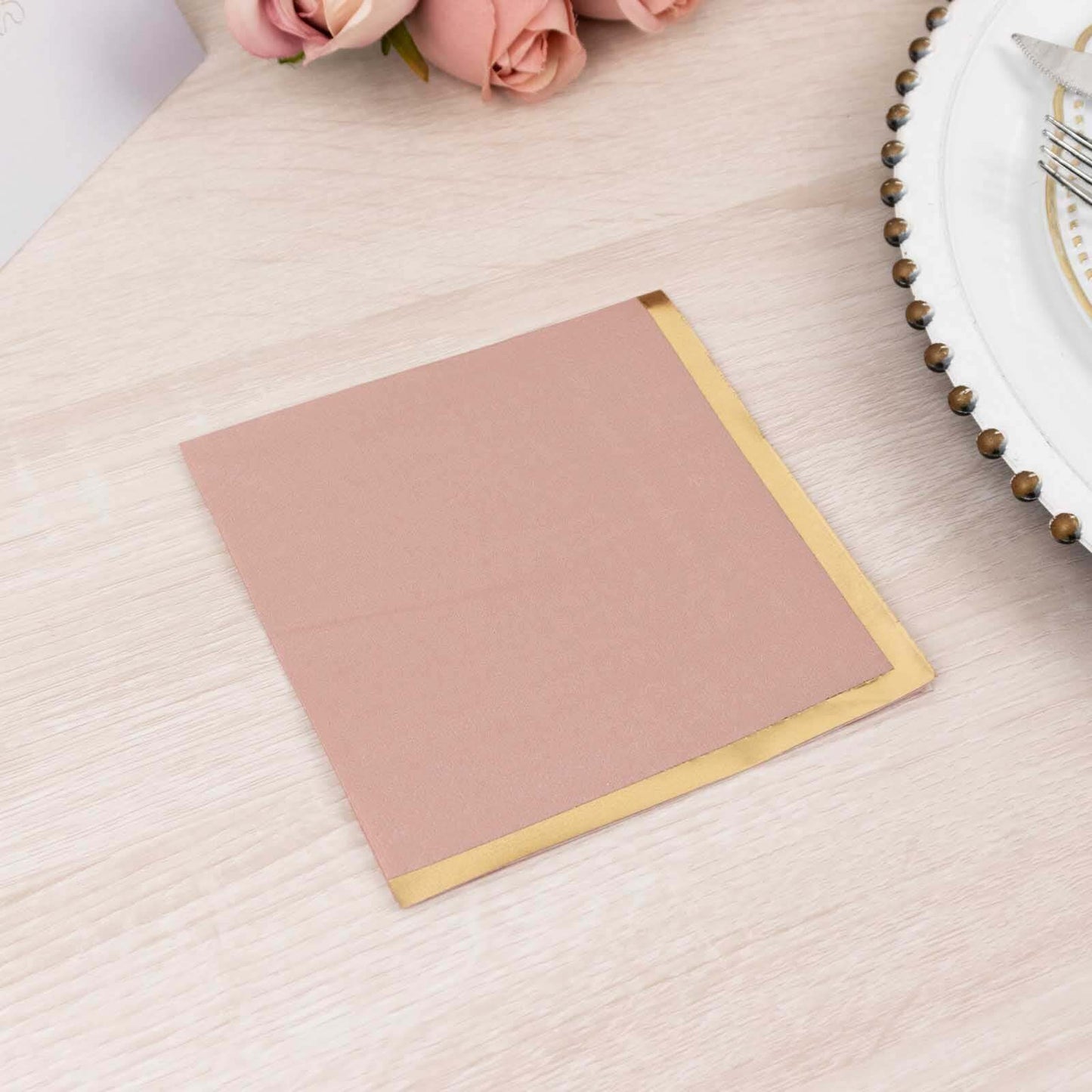 50-Pack Paper Beverage Napkins Dusty Rose with Gold Foil Edge - 2 Ply Disposable Soft 18GSM Cocktail Napkins 5"x5"