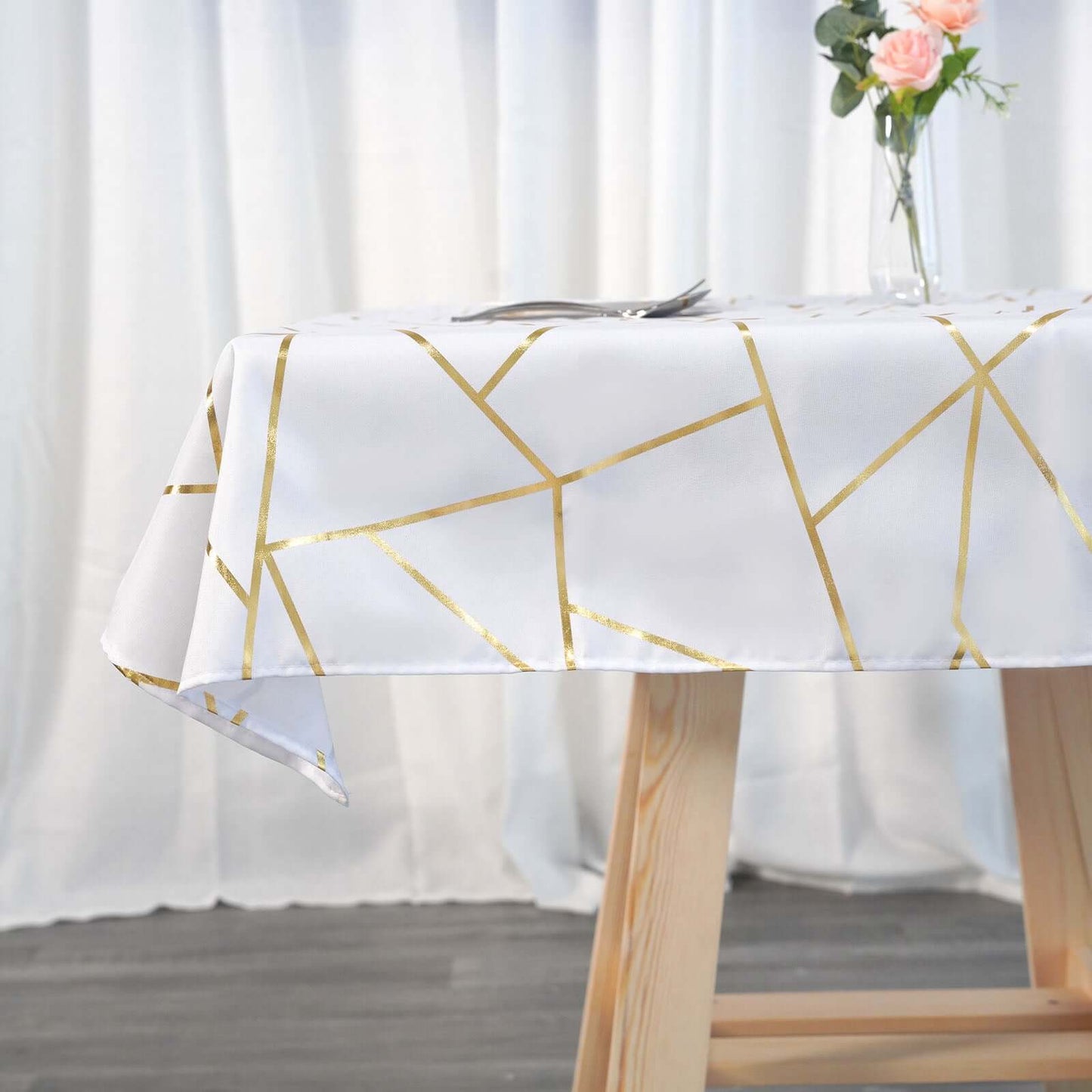 Polyester 54"x54" Square Tablecloth White with Gold Foil Geometric Pattern - Wrinkle-Resistant & Durable for Stylish Settings