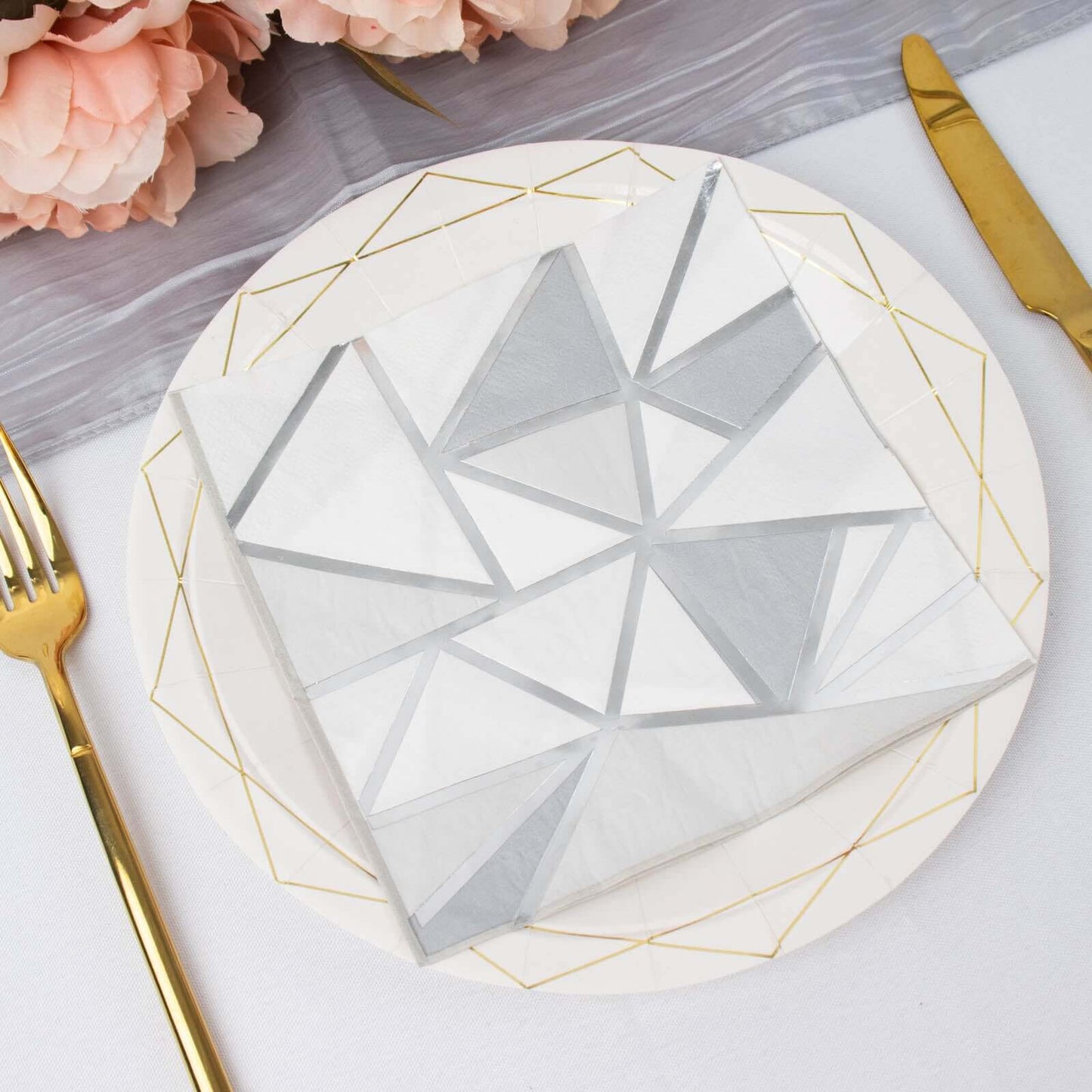 20-Pack Paper Party Napkins with Geometric Silver Foil Print - 2 Ply Soft Disposable Beverage Napkins for Weddings 6.5"x6.5"
