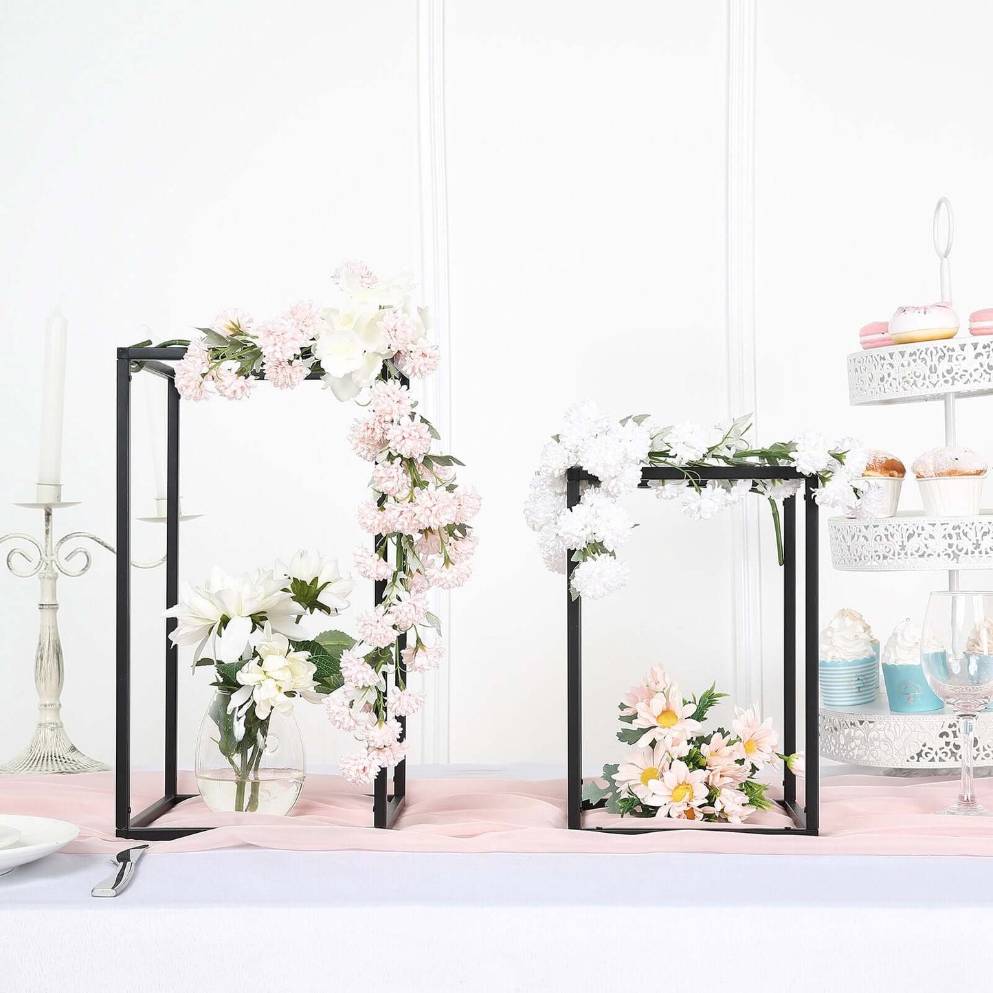 2-Pack Wedding Flower Stand Matte Black Metal Geometric Column Frame Rectangular - Versatile Floral Pedestal for Sophisticated Arrangements 12"