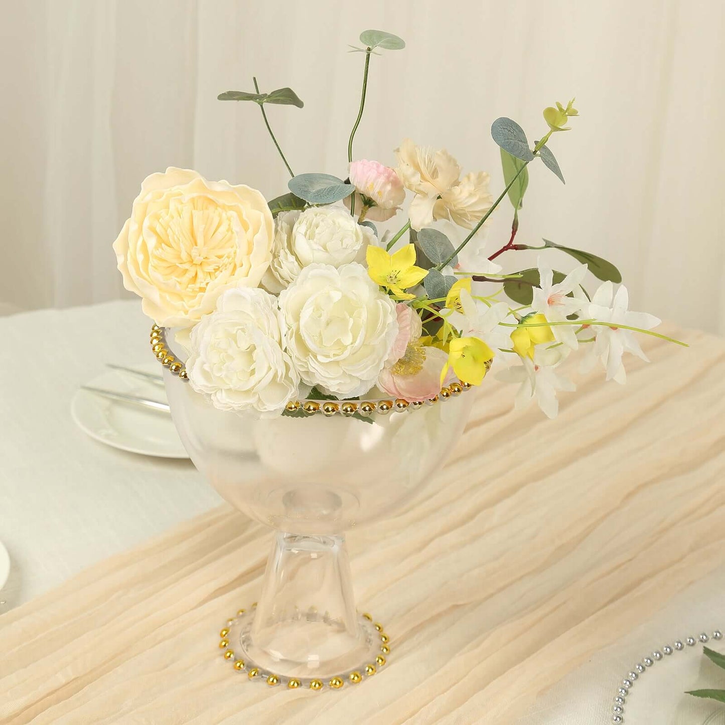 Compote Pedestal Bowl Glass Flower Vase Clear with Gold Beaded Rim - Footed Candy Trifle Bowl for Displays 8"