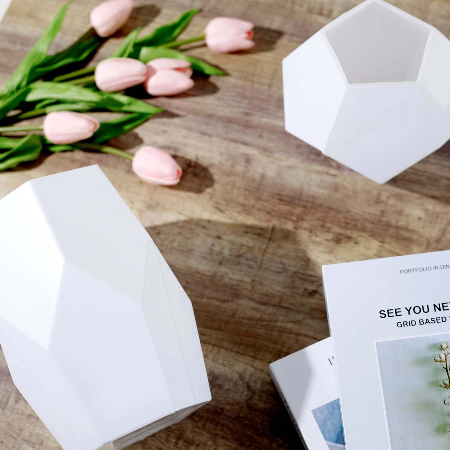 Set of 2 Glass Flower Vases Geometric Design Matte White - Stylish Modern Candle Holder Centerpieces 5", 8"