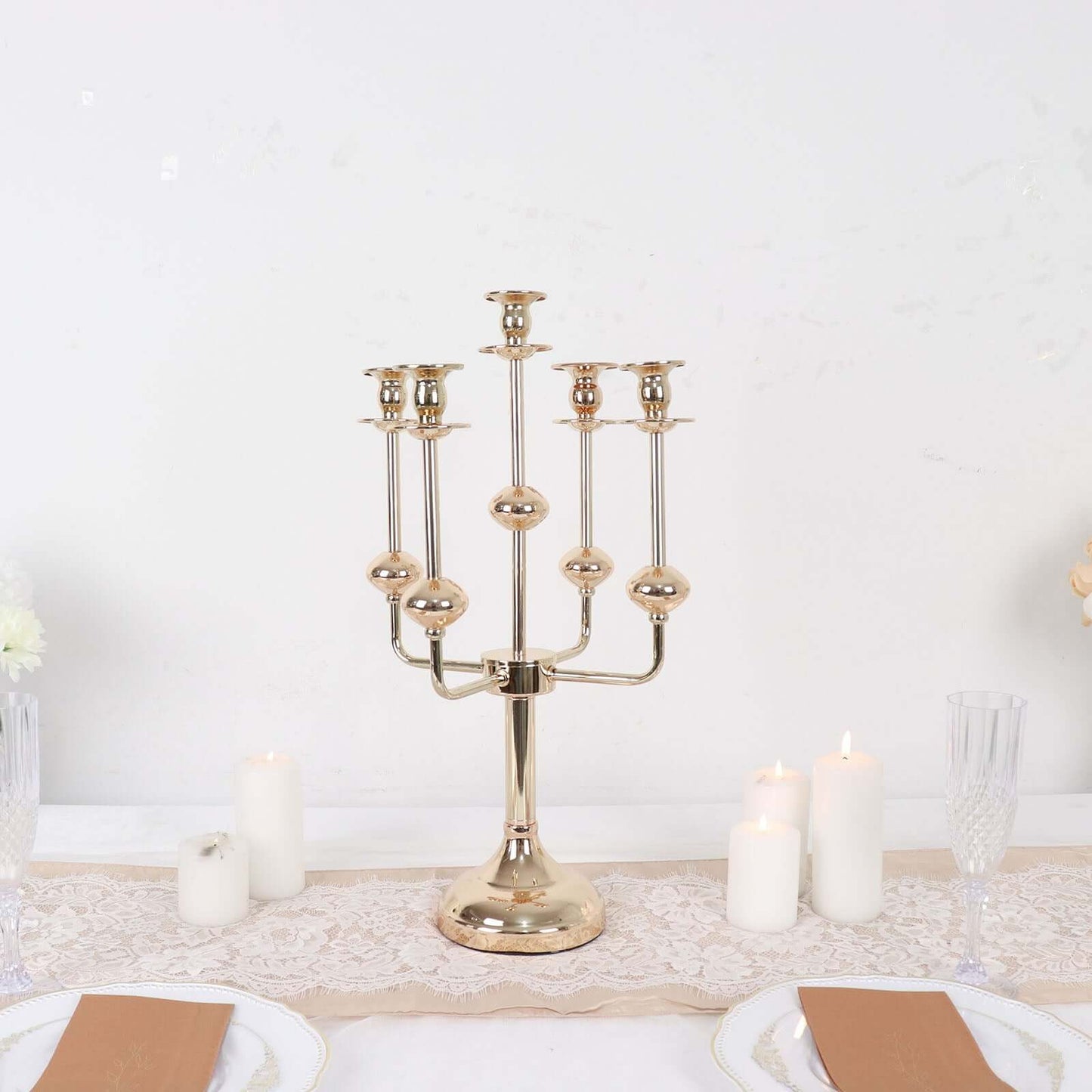 5-Arm Taper Candelabra Wedding Candle Holder Gold Metal Table Display - Perfect for Events 20"