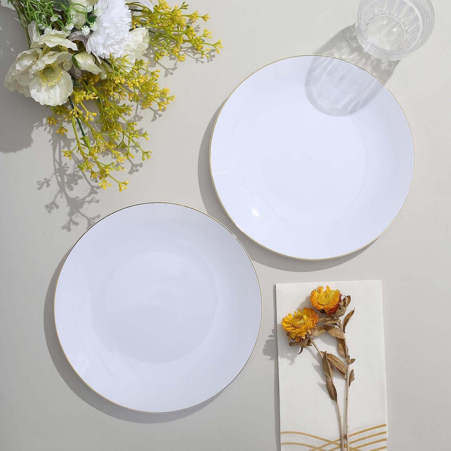 10-Pack Plastic 8" Round Dessert Plates in White with Gold Rim - Glossy Disposable Appetizer Salad Plates for Banquets & Special Occasions