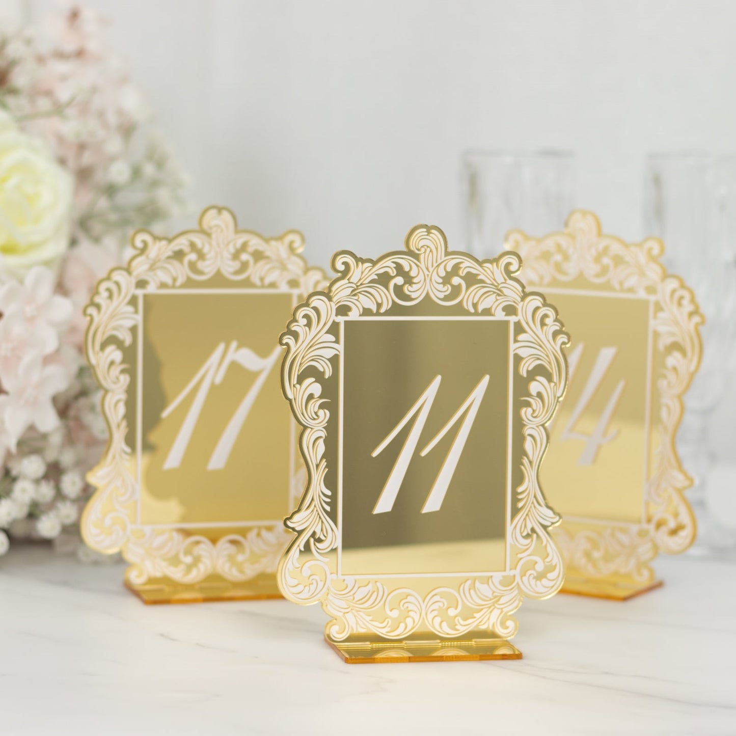 Gold Mirror Arch Acrylic Table Numbers (11-20) - 5"x7" Wedding Reception Signs with Baroque Lace Border, White Print & Stands