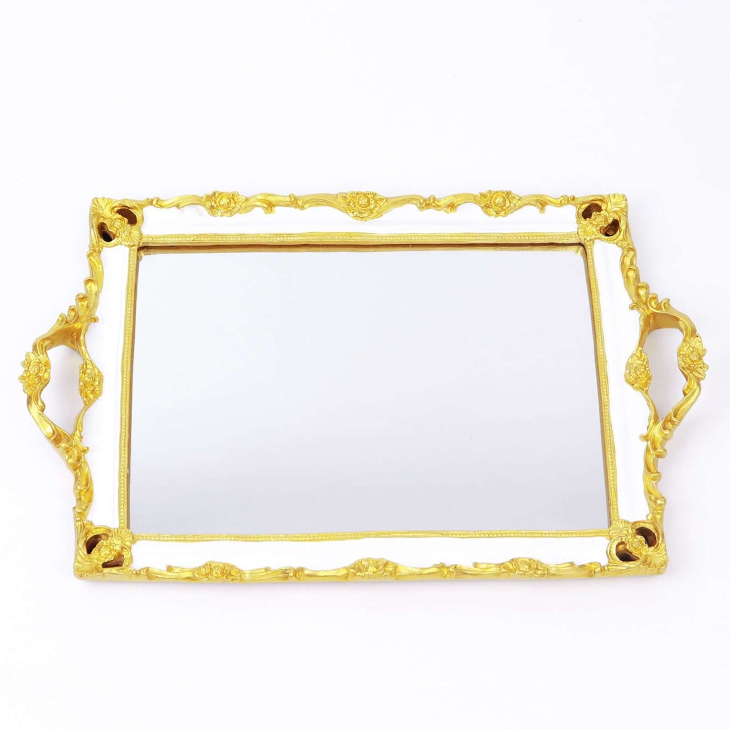Resin Mirrored Rectangle Serving Tray 15"x10" in White with Gold Baroque Design, Stylish Decorative Vanity Tray Centerpiece