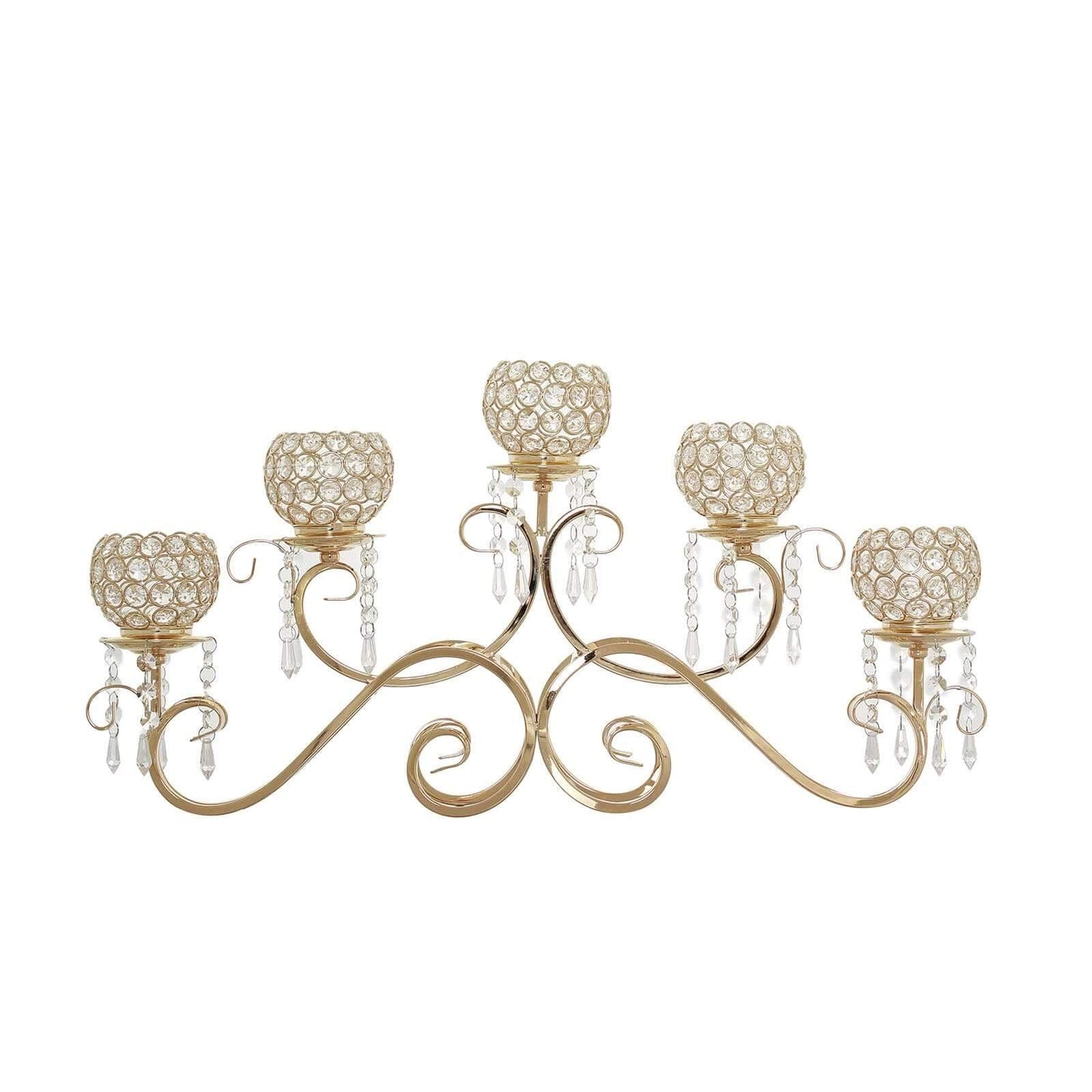 5-Arm Metal Candelabra Horizontal Design with Crystal Goblets Gold - Table Centerpiece for Events 27"
