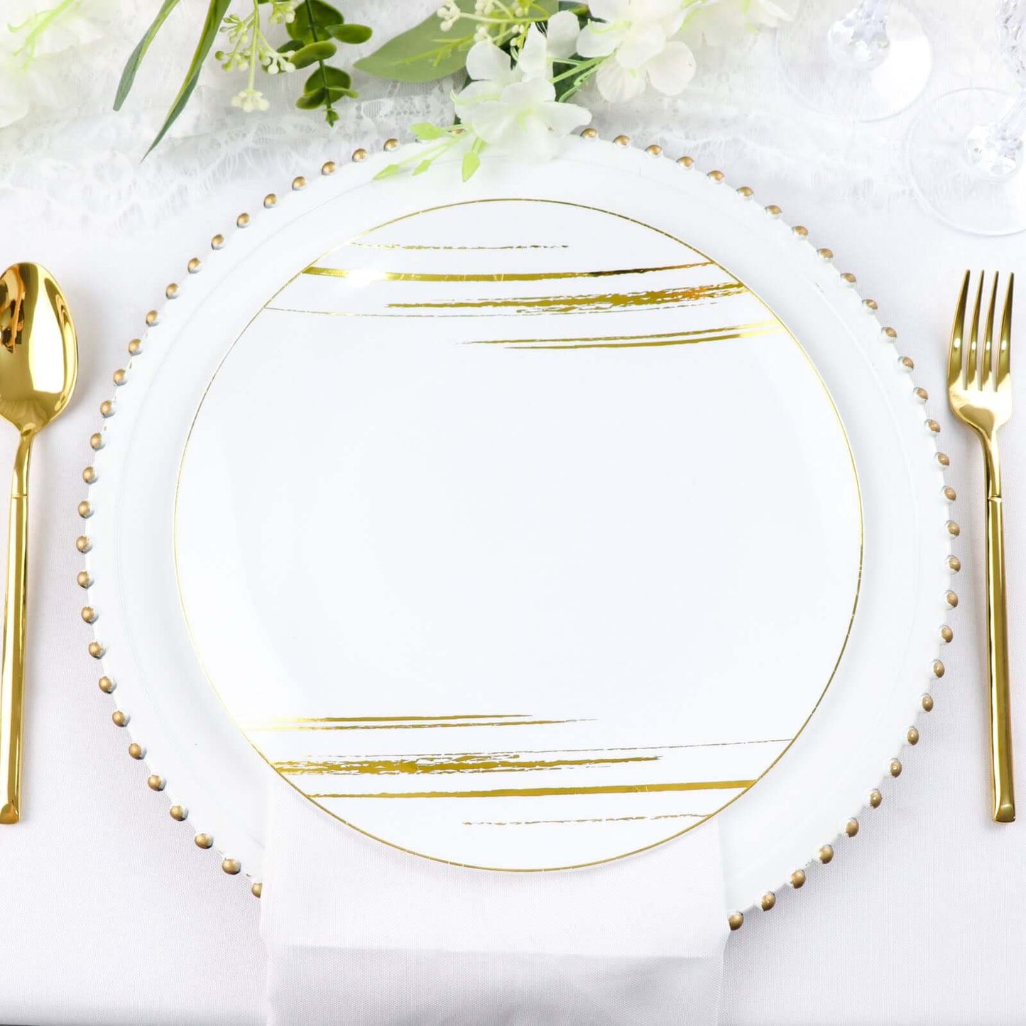 10-Pack Plastic 10" Round Dinner Plates in White with Gold Brush Stroked Print - Disposable Party Dinnerware for Modern Themed Events & Banquets