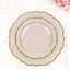 10-Pack Plastic 8" Round Dessert Plates in Taupe with Gold Scalloped Rim - Disposable Appetizer/Salad Plates