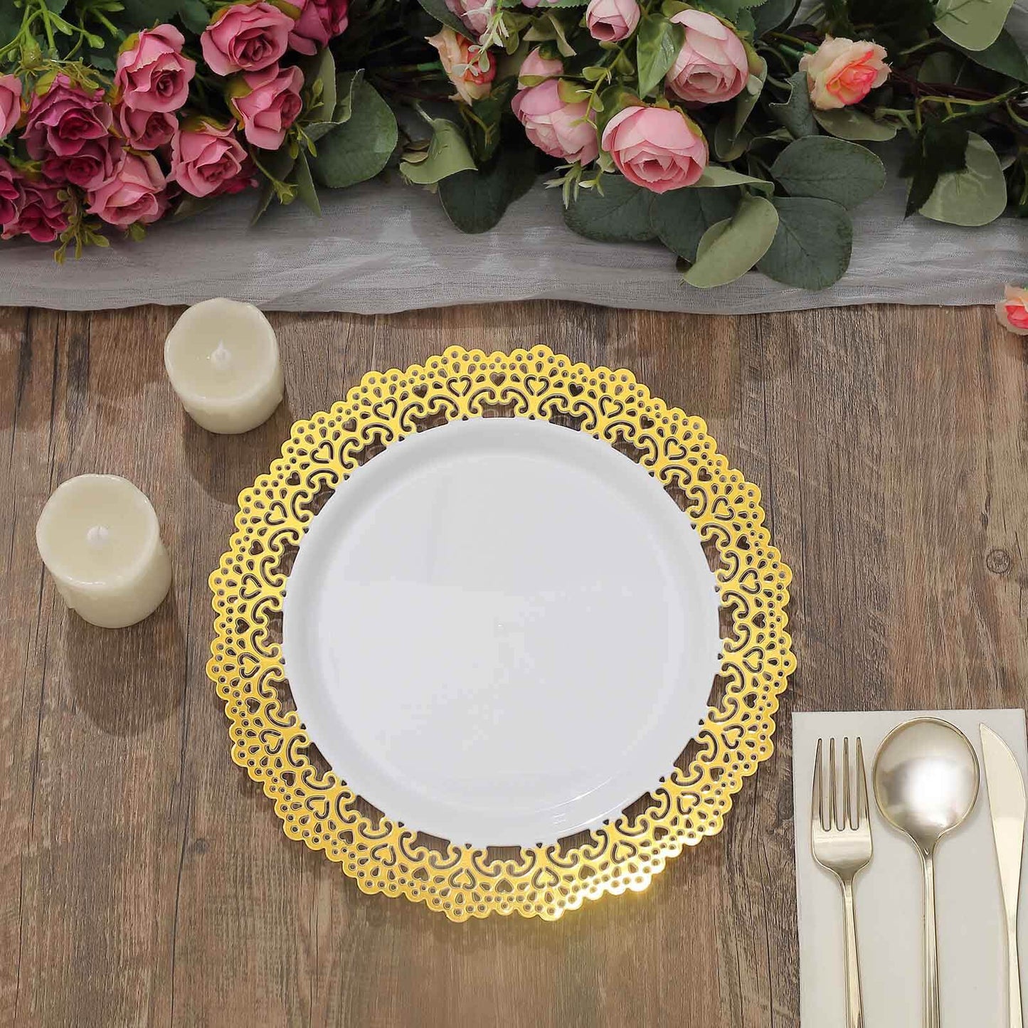 10-Pack Plastic 10" Round Dinner Plates in White with Gold Lace Rim - Disposable Party Plates for Classy Events & Banquets