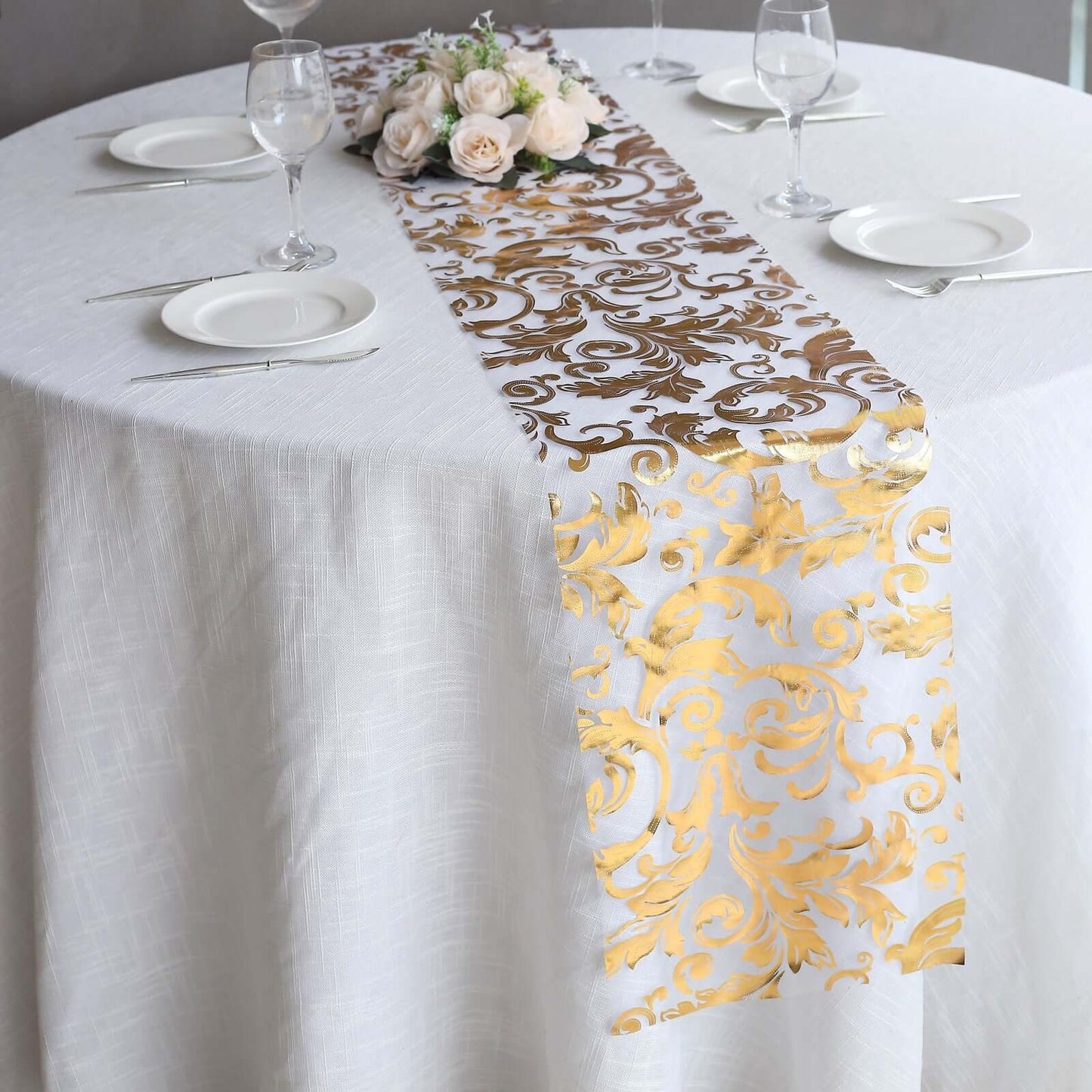 Sheer Organza 12"x108" Table Runner Roll Metallic Gold Foil Floral Swirl Design - Disposable Stylish Event Decoration