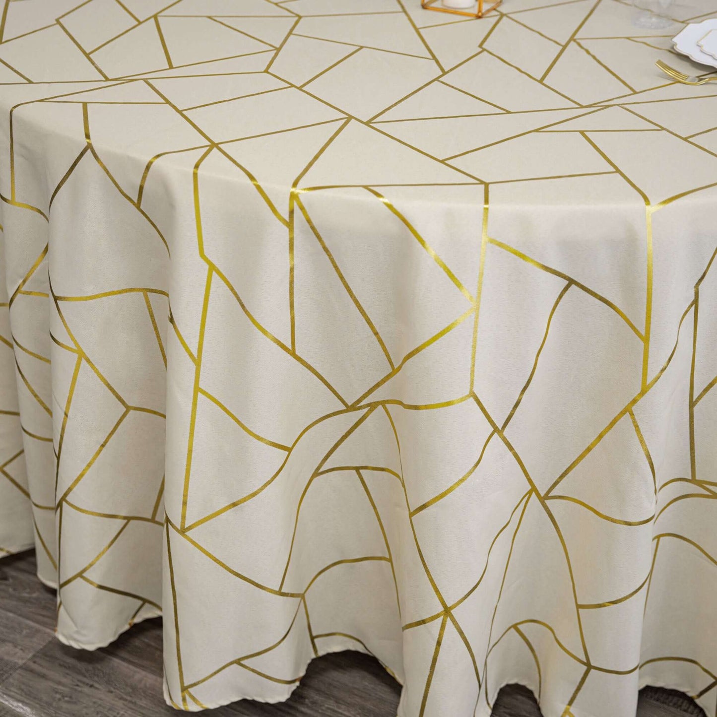 Polyester 120" Round Tablecloth Beige with Gold Foil Geometric Pattern Wrinkle-Resistant Seamless Table Cover