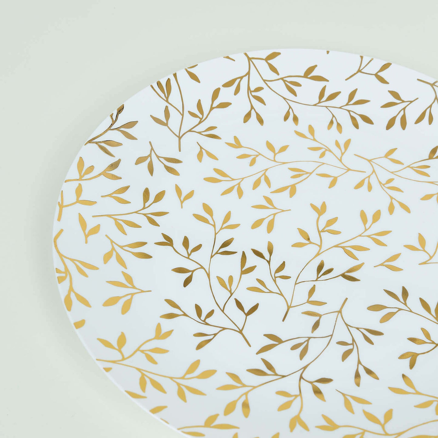10-Pack Plastic 10" Round Dinner Plates in White with Gold Leaf Design - Heavy Duty Disposable Party Plates for Stylish Events & Memorable Gatherings