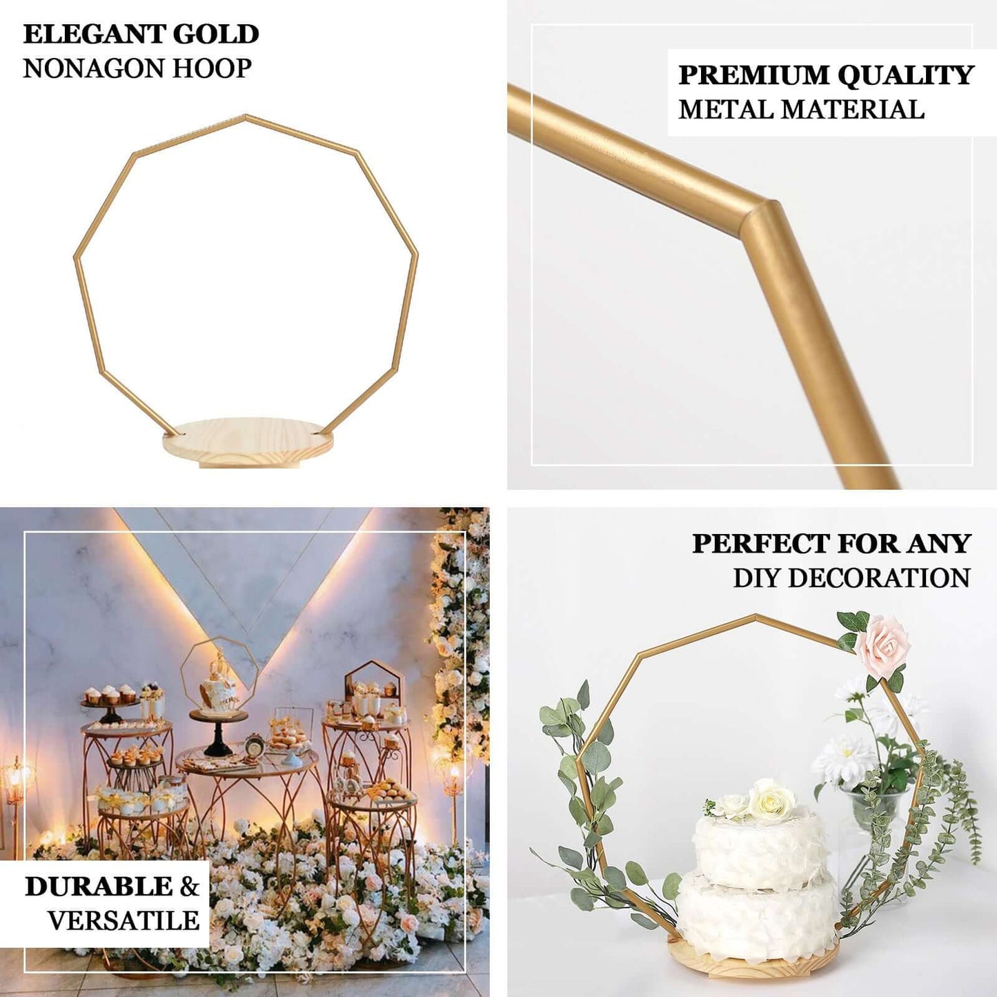 Metal Nonagon Floral Hoop Cake Stand Gold - Chic Geometric Dessert Display DIY Centerpiece Table Decoration With Wooden Base 22"