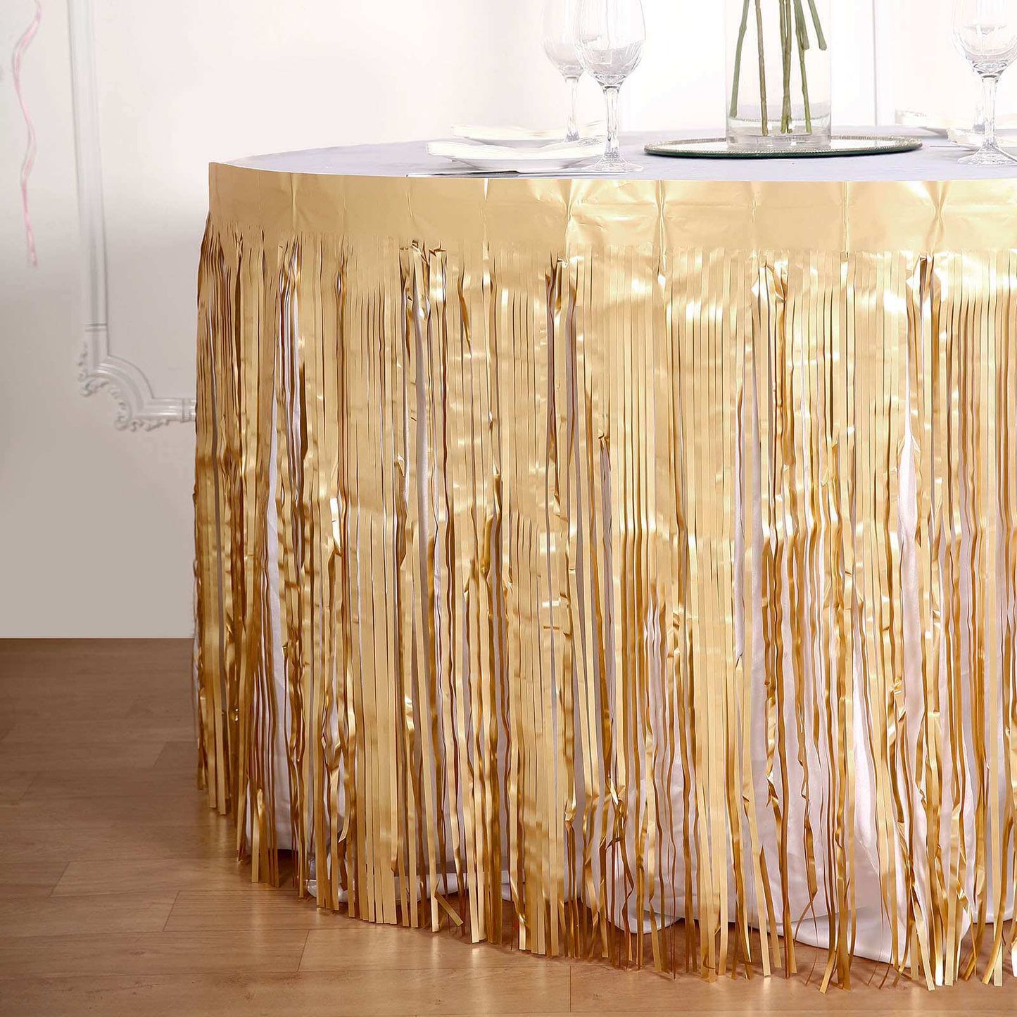 Metallic Foil Fringe Table Skirt Matte Gold with Self Adhesive Backing - Durable Tinsel Skirt for Parties 30"x9ft