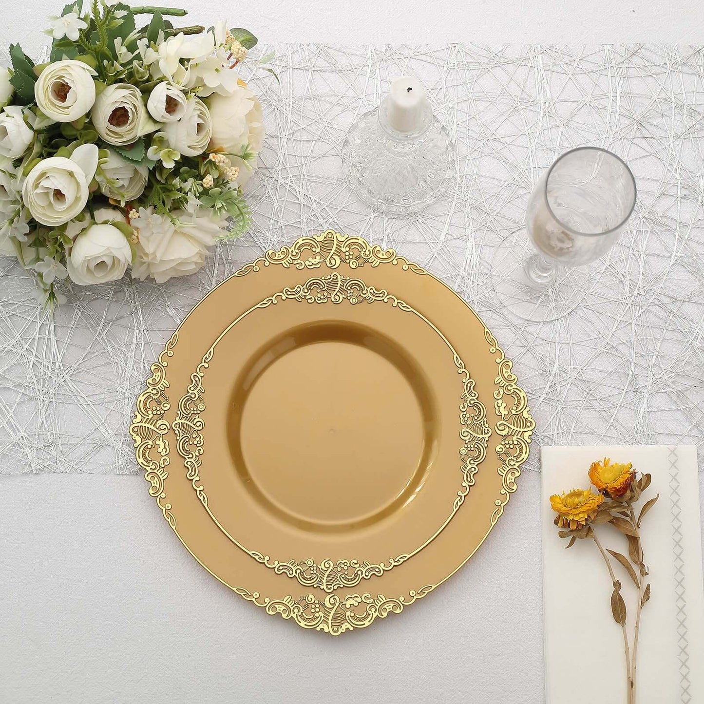 10-Pack Plastic 8" Round Dessert Plates in Gold with Leaf Embossed Rim - Disposable Vintage Baroque Style Salad Plates for Luxurious Gatherings & Events