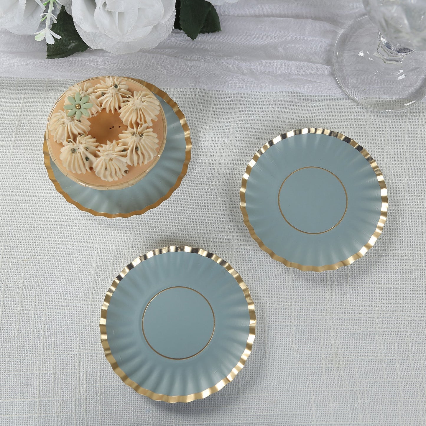 50-Pack Paper 3.5" Round Party Plates in Dusty Blue with Gold Scalloped Rim for Tapas, Appetizers & Finger Foods