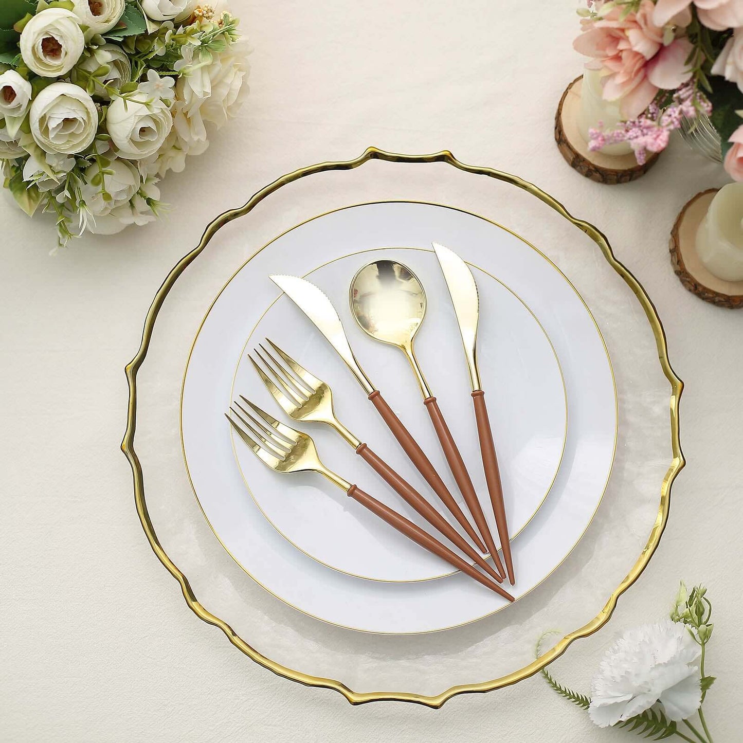 24-Pack Plastic Flatware Set in Metallic Gold with Brown Handle - Heavy Duty Disposable Modern Silverware 8"