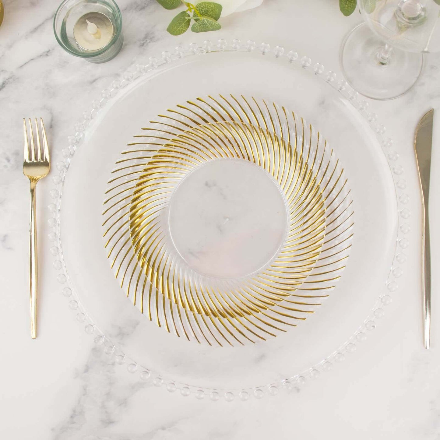 10-Pack Plastic 9" Round Dinner Plates Clear with Gold Swirl Rim - Disposable Party Plates for Classy Events & Banquets
