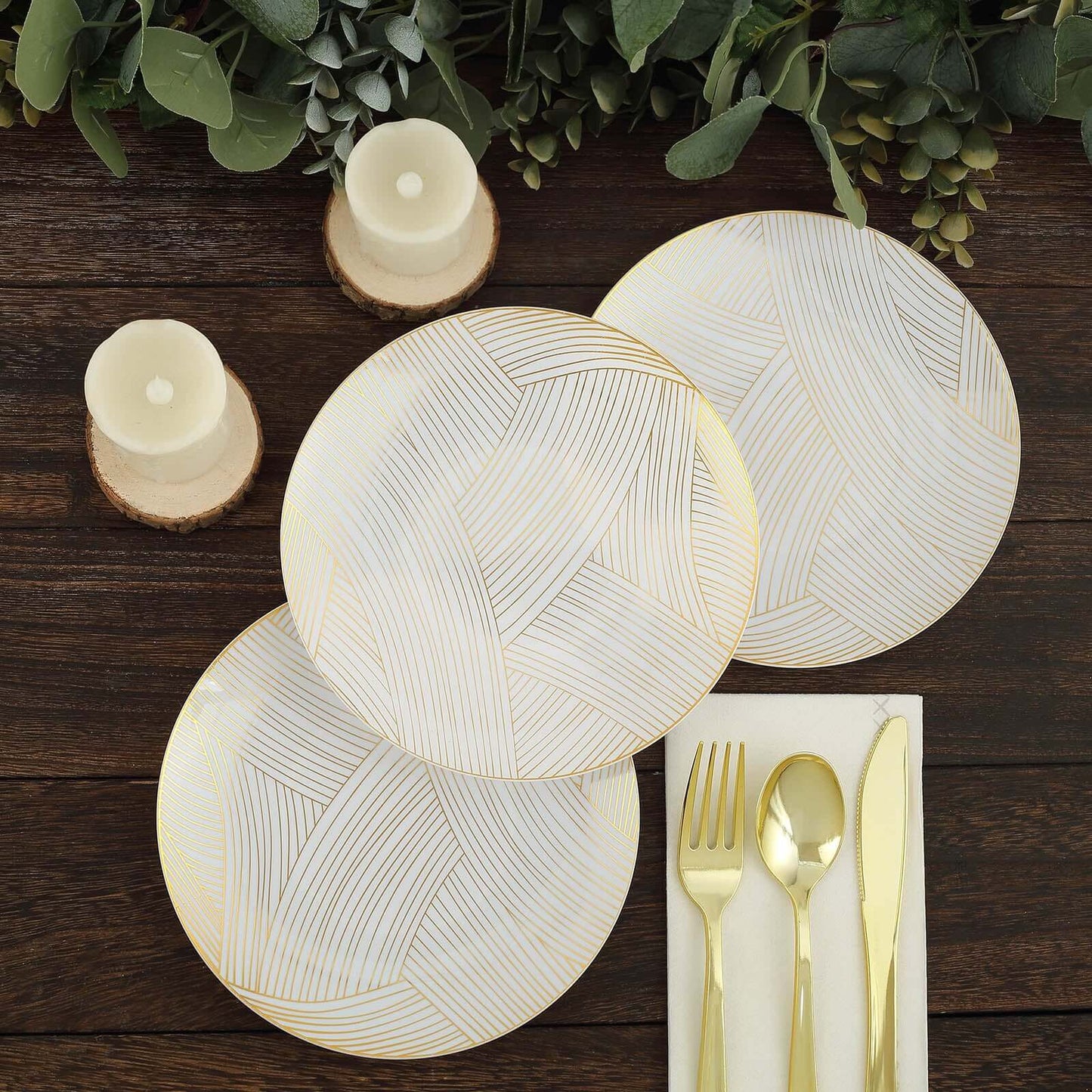 10-Pack Plastic 7" Round Dessert Plates in White with Gold Wave Brush Strokes Pattern - Disposable Appetizer Salad Plates for Modern & Classy Table Decor