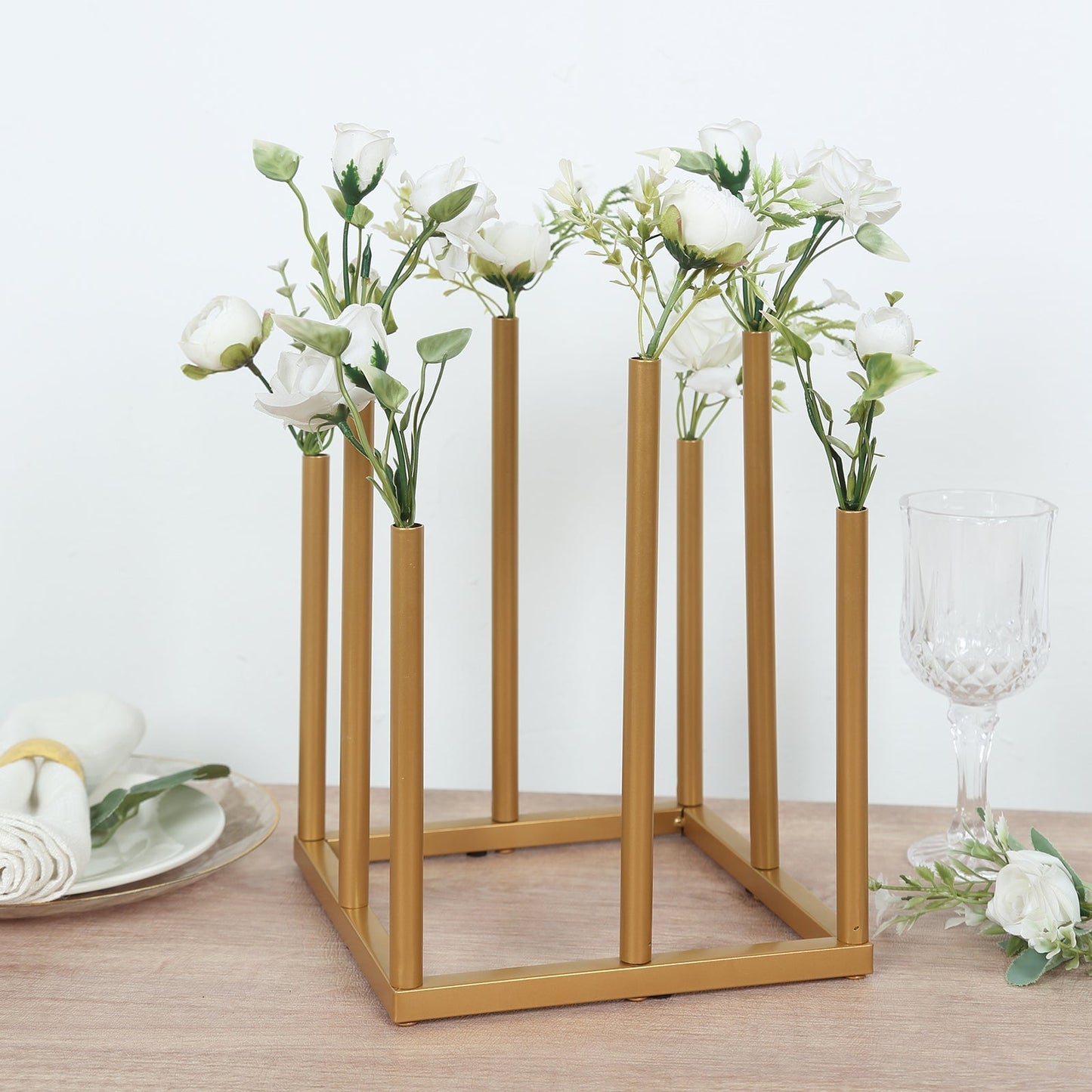 Flower Vase Gold Metal Minimalist 8-Tubes Square Base Design - Single Stem Bud Centerpiece for Arrangements 10"