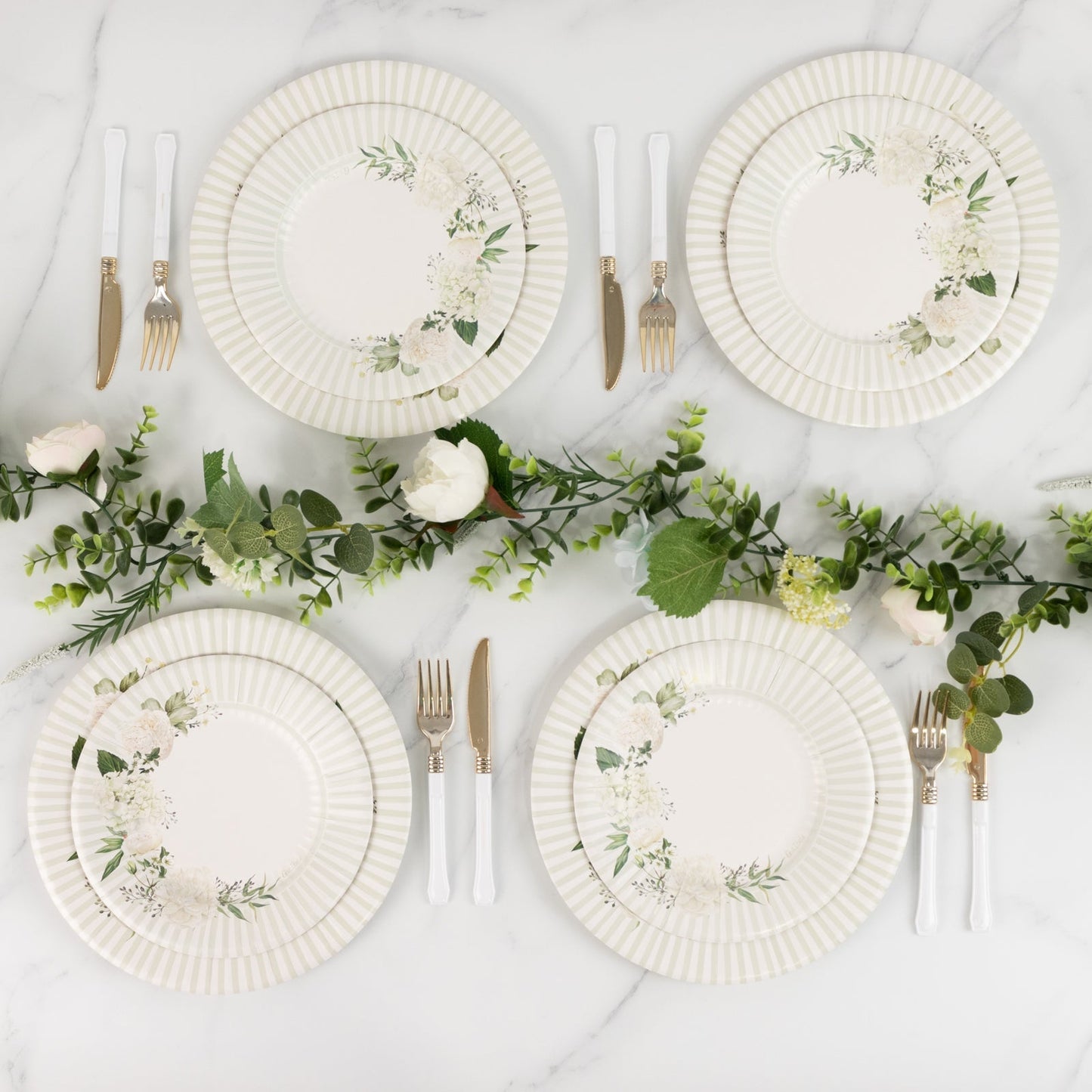 25-Pack Paper 8" Round Dessert Plates in White with Sage Green Floral Print & Lined Rim