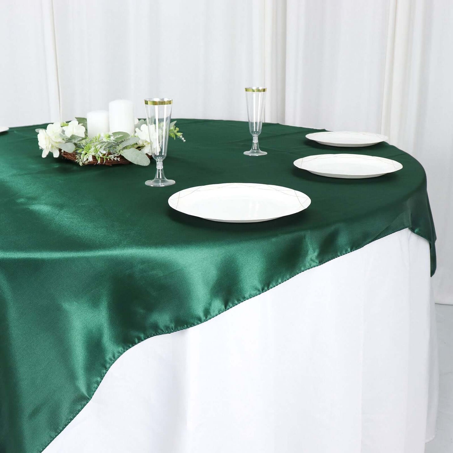 Satin 60"x60" Table Overlay Square Tablecloth Hunter Emerald Green - Smooth Silky Touch Table Cover