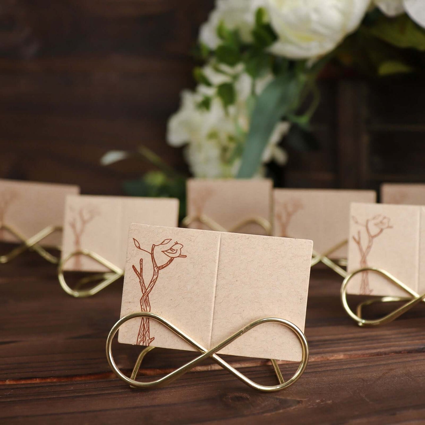 10-Pack Metal Card Holder Stands Infinity Design Gold - Table Number Stands and Wedding Place Card Menu Clips 3"