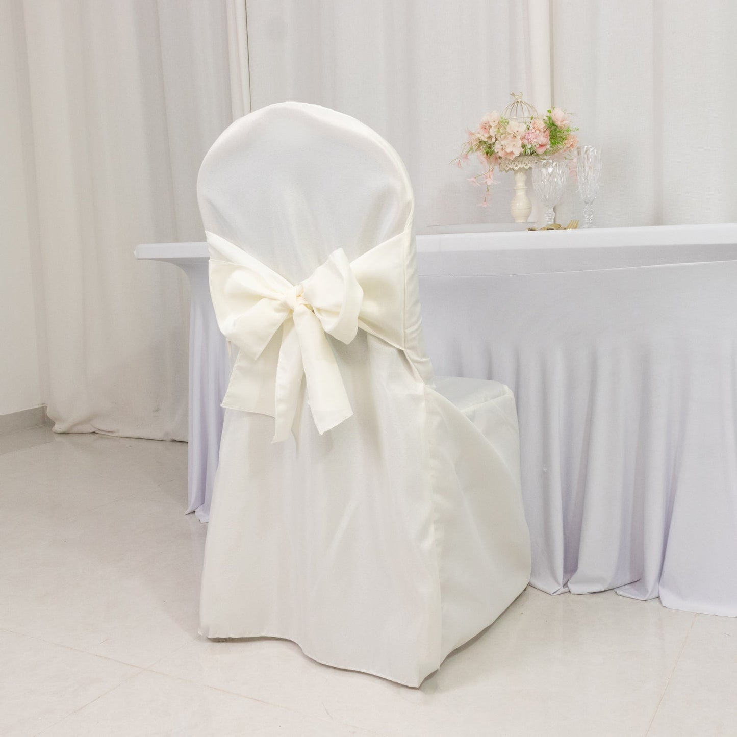 10-Pack Polyester Slip-On Banquet Chair Covers with Attached Sashes â€“ Ivory Reusable Stain-Resistant Covers for Wedding & Event Decor