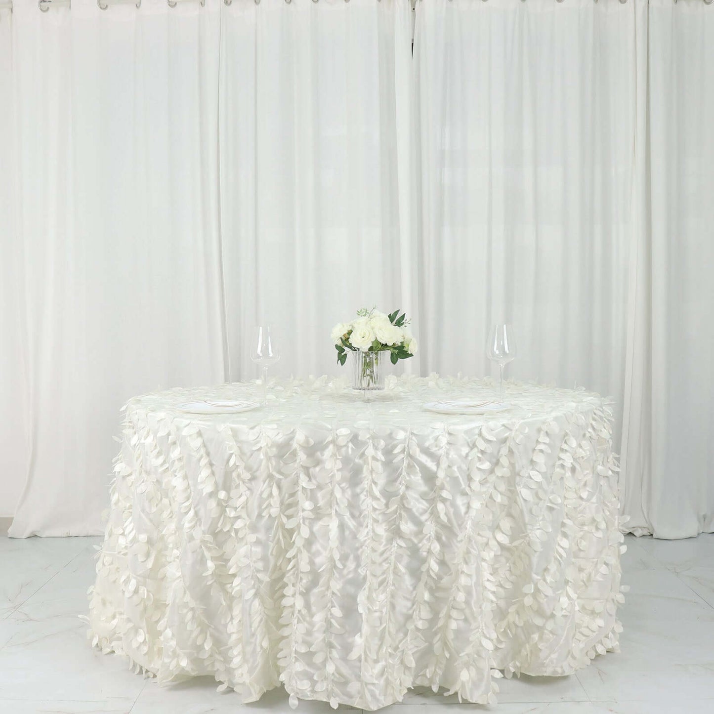 Taffeta 132" Round Tablecloth Ivory | 3D Leaf Petal Design Seamless Table Cover