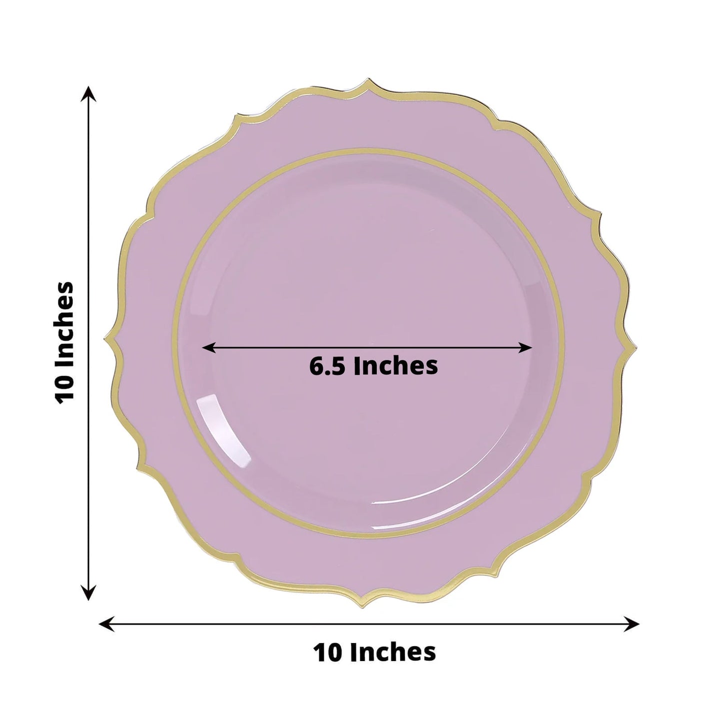 10-Pack Plastic 10" Round Dinner Plates in Lavender Lilac with Gold Scalloped Rim - Disposable Party Plates